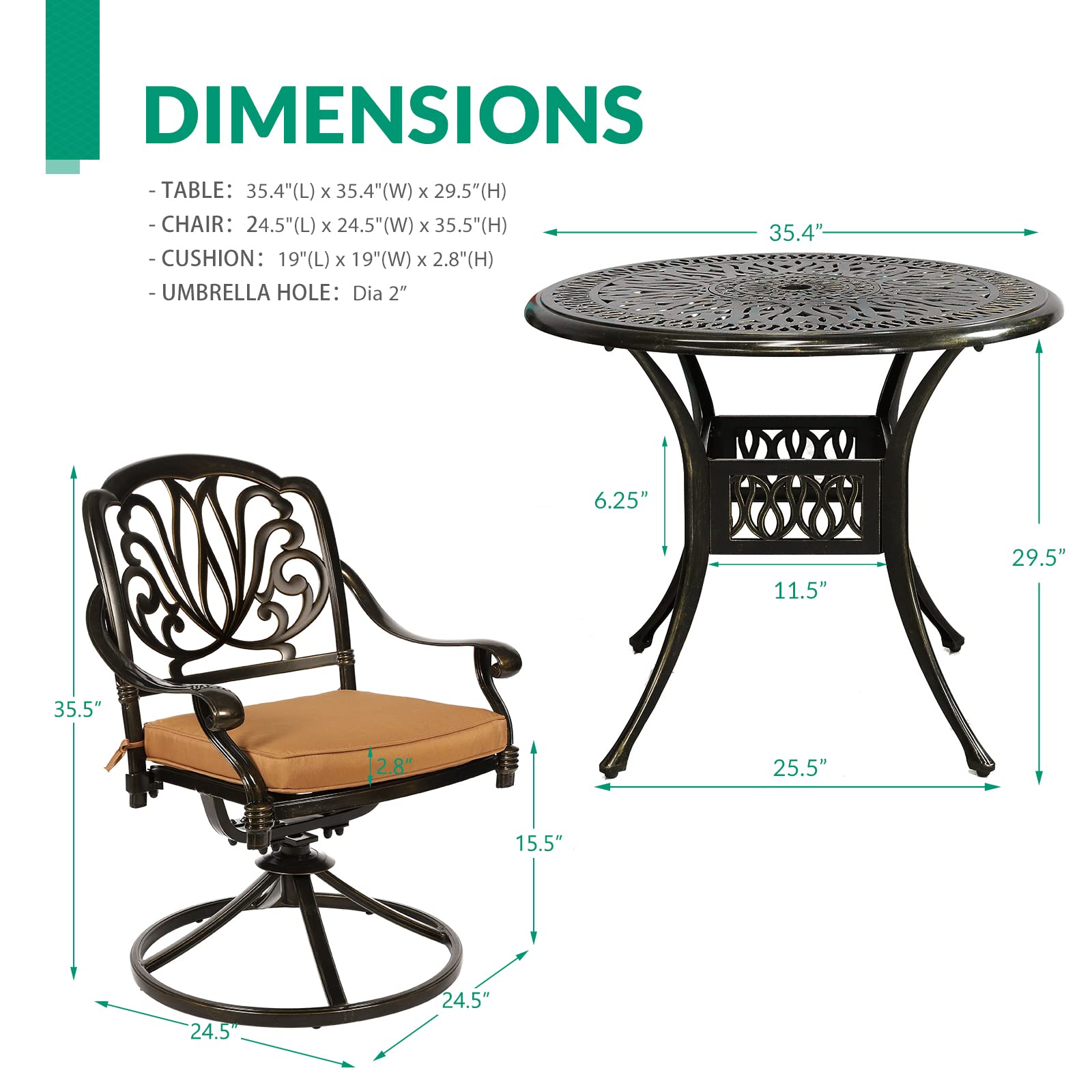 VIVIJASON 5-Piece Outdoor Patio Dining Set - All-Weather Cast Aluminum Conversation Set for Balcony, Lawn & Garden - Includes 4 Swivel Chairs & 35.4