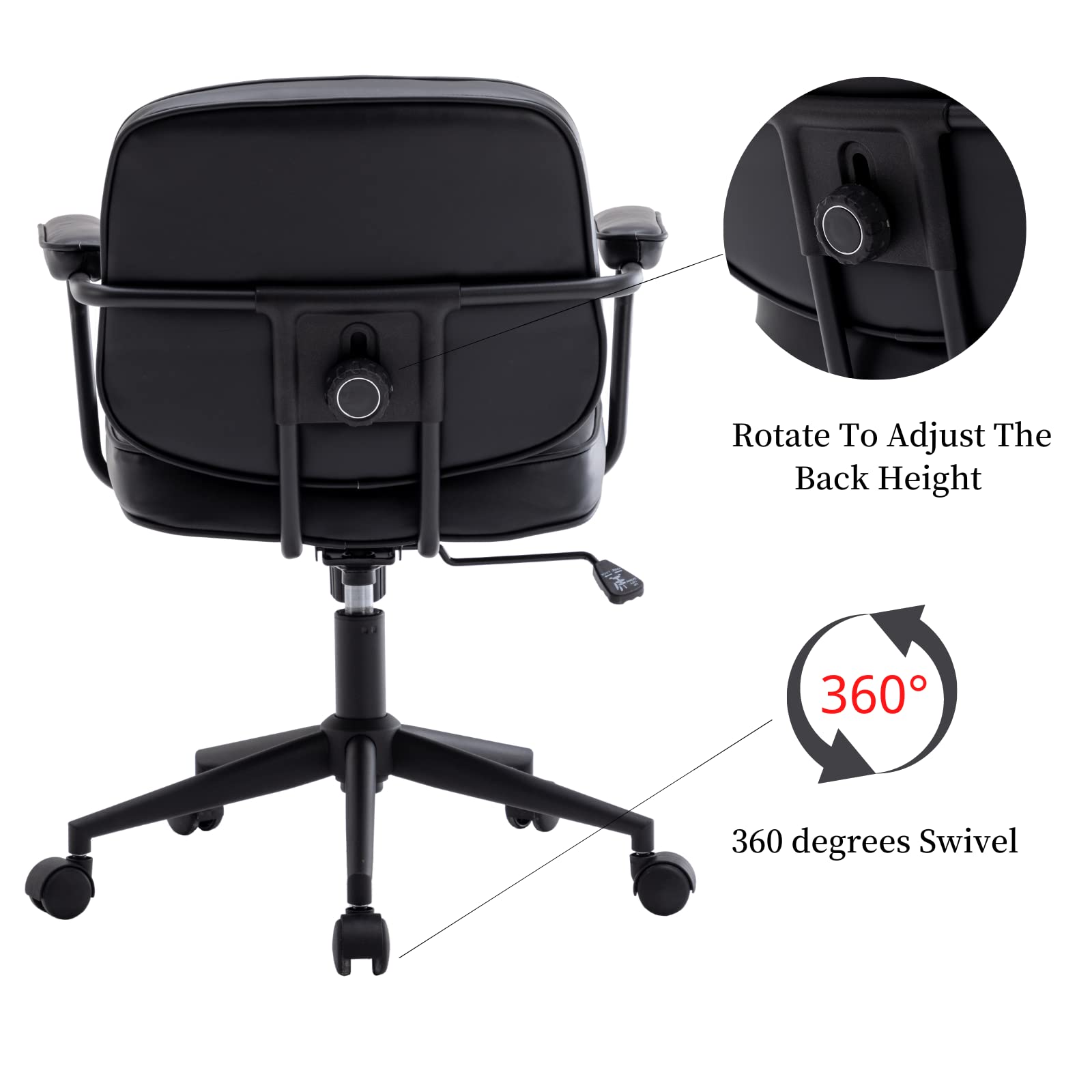 LukeAlon Adjustable PU Leather Office Chair - 360° Swivel Ergonomic Desk Chair with Armrests, Thickened Seat & Tilt Function for Home Office, Study or Gaming - Modern Button Tufted Computer Chair in Black