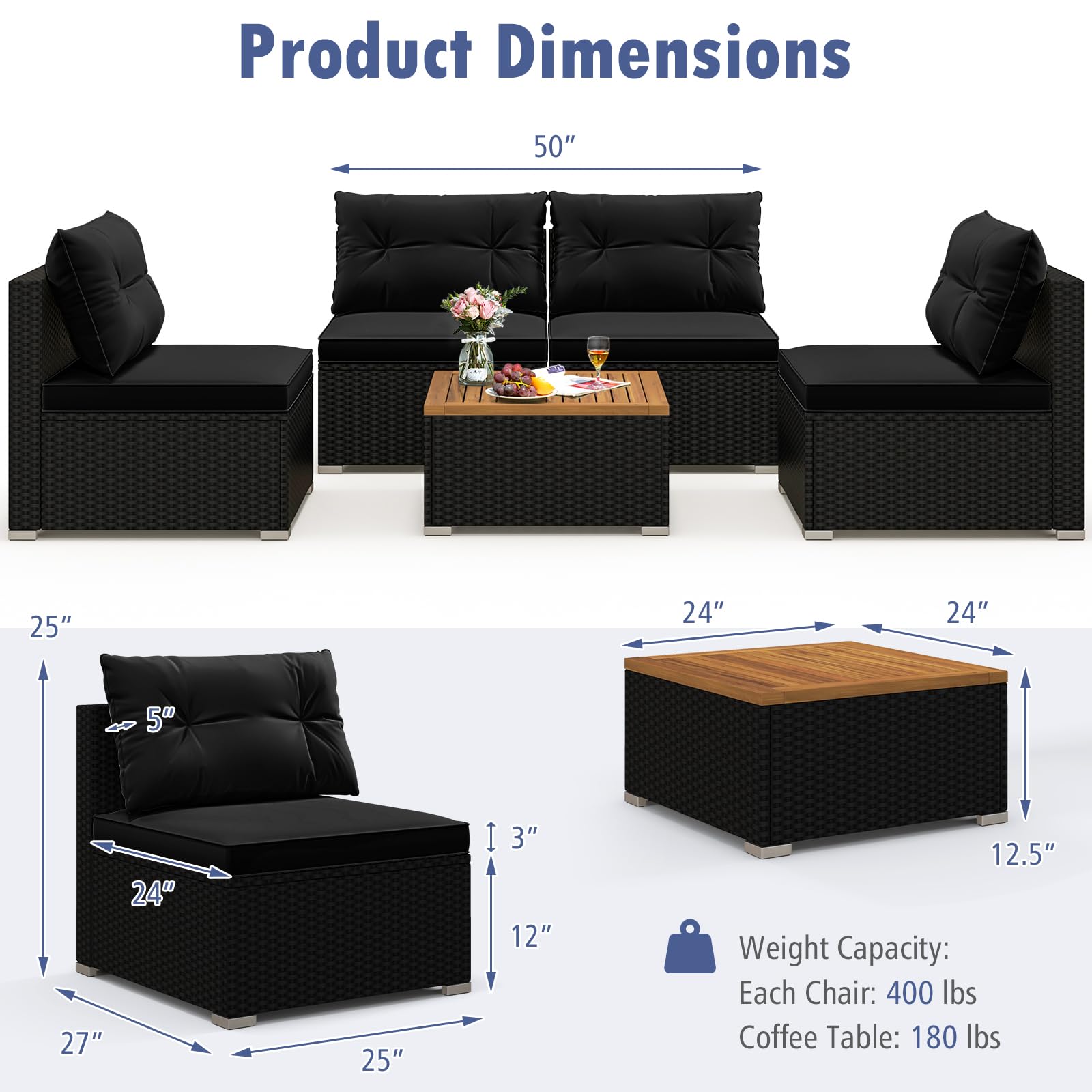 Tangkula 5-Piece Outdoor Rattan Sofa Set with Cushions & Square Coffee Table - Patio Furniture for Backyard, Poolside, Garden (Black) | Perfect for Relaxing, Entertaining & Outdoor Gatherings