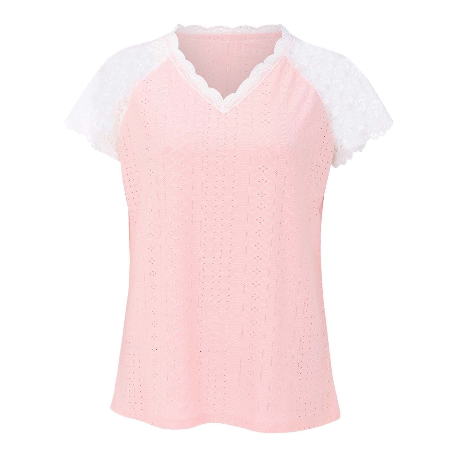 PADON Women's Casual Summer T-Shirt - Lace Patchwork V-Neck Short Sleeve Blouse | Loose Fit Tops for Women | Perfect for Daily Wear, Office, and Weekend Outings