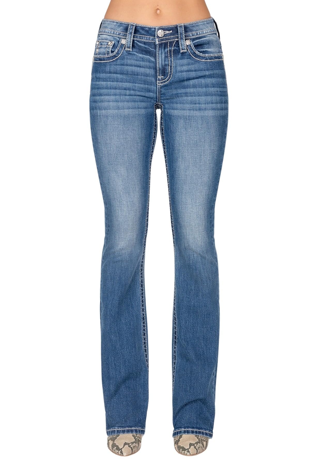 Miss Me Women's Mid-Rise Bootcut Jeans - Patriotic Red White & Blue Feather Design, Stretch Denim with Faux Flap Pockets | Comfortable & Stylish for Casual Wear, Date Night & Western Outfits