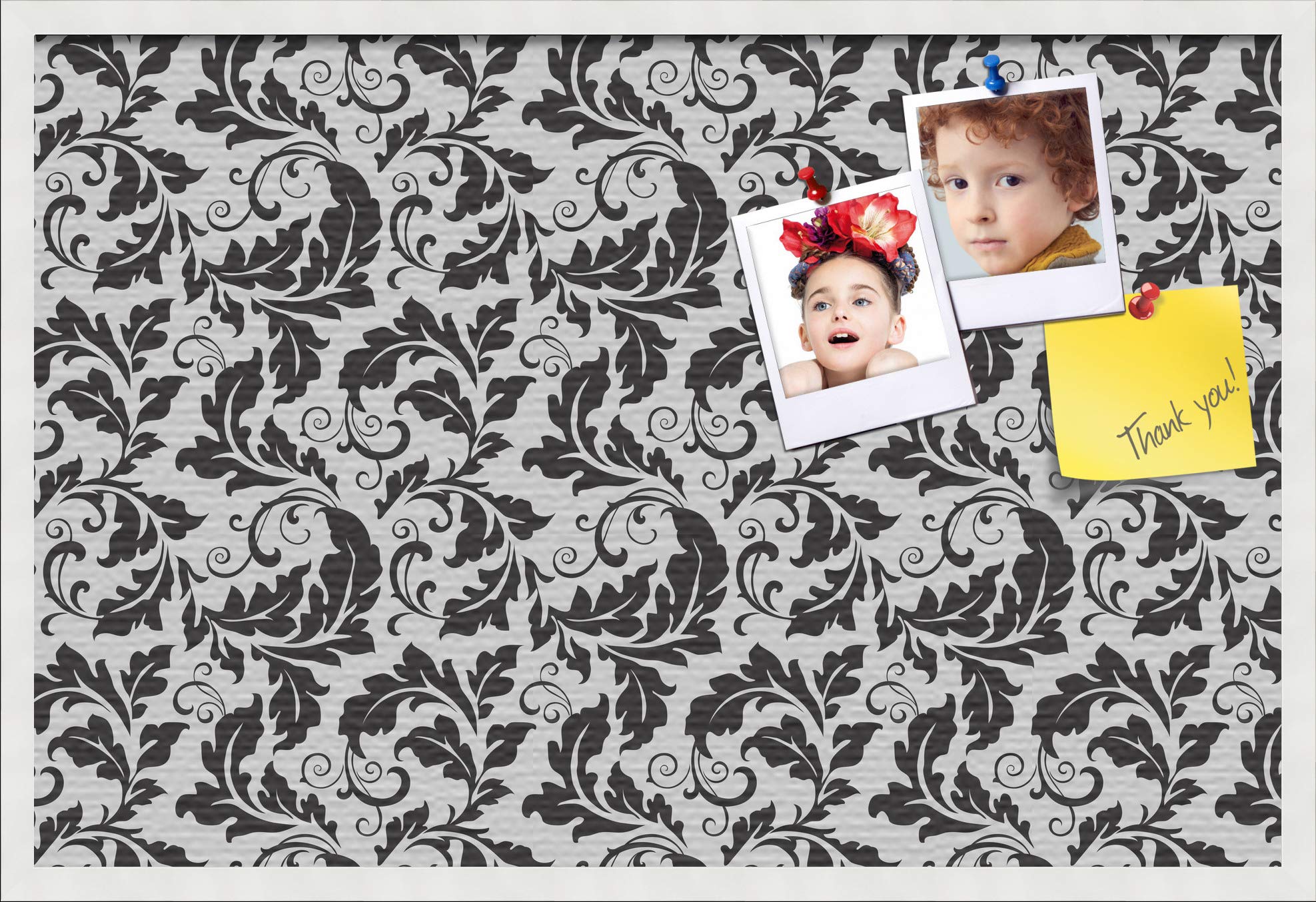 ArtToFrames 36x24 Inch Custom Cork Bulletin Board - 2x3 Feet Floral Design Black Leaves Fabric Canvas Pin Board with Satin White Frame | Perfect for Home Office, Classroom, or Dorm Room Decor (PinPix-180-36x24_FRBW26074)