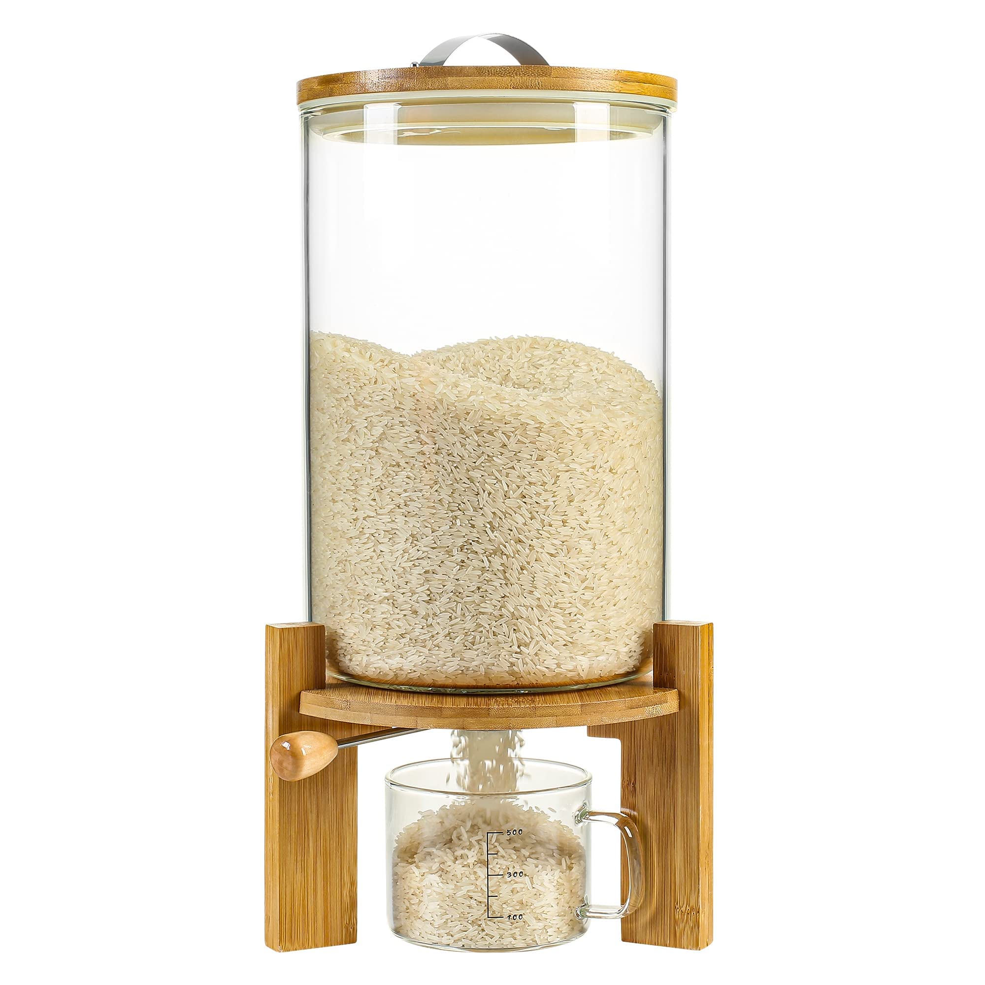 Airtight Glass Rice Dispenser & Food Storage Container with Wooden Stand - 5L/8L Flour & Cereal Organizer for Kitchen Pantry | Perfect for Rice, Pasta, Beans & Bulk Food Storage