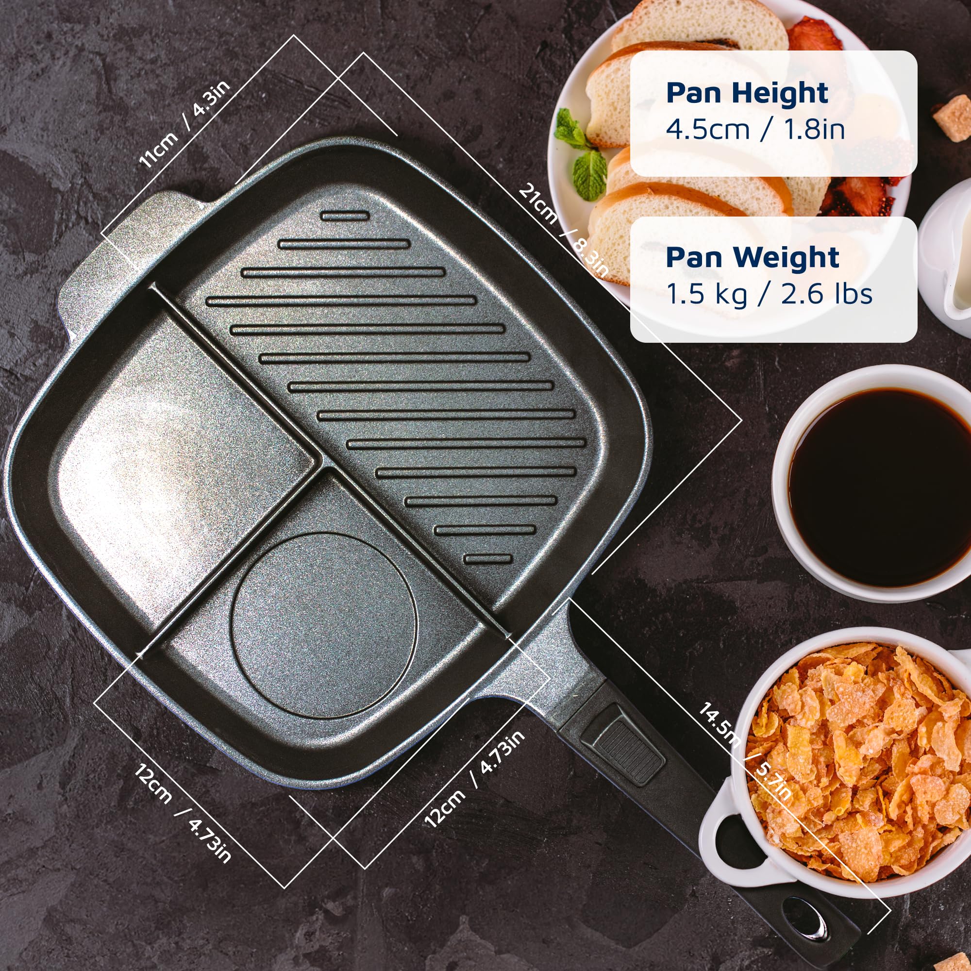 Jean-Patrique Divided Stove Top Grill Pan - Multi-Section Nonstick Frying Pan for Gas, Electric, Induction & Oven - Perfect for Cooking Breakfast, Stir Fry & Meal Prep