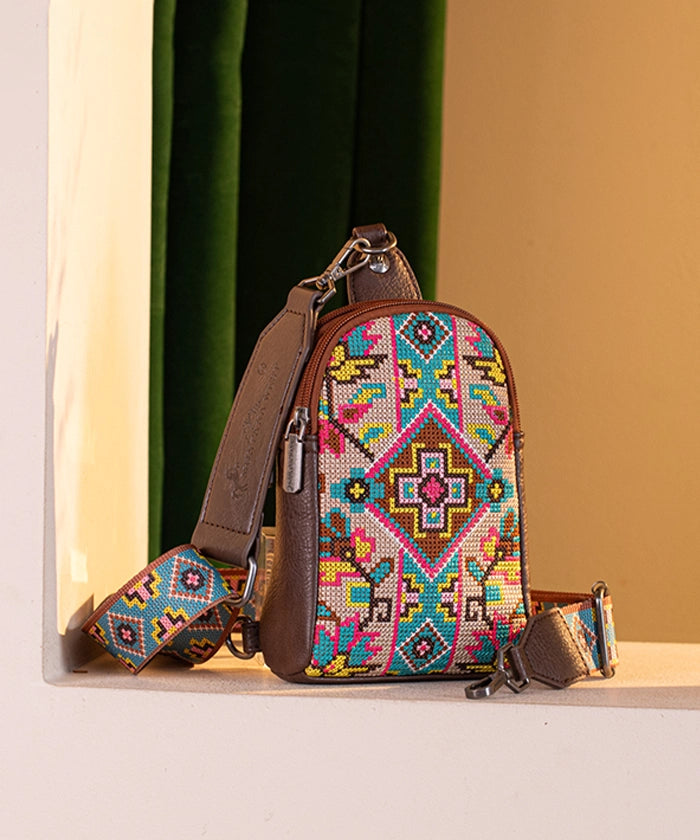 Montana West Embroidered Canvas Sling Bag for Women - Crossbody Purse with Adjustable Strap, Fashionable Boho Handbag for Travel, Shopping & Everyday Use