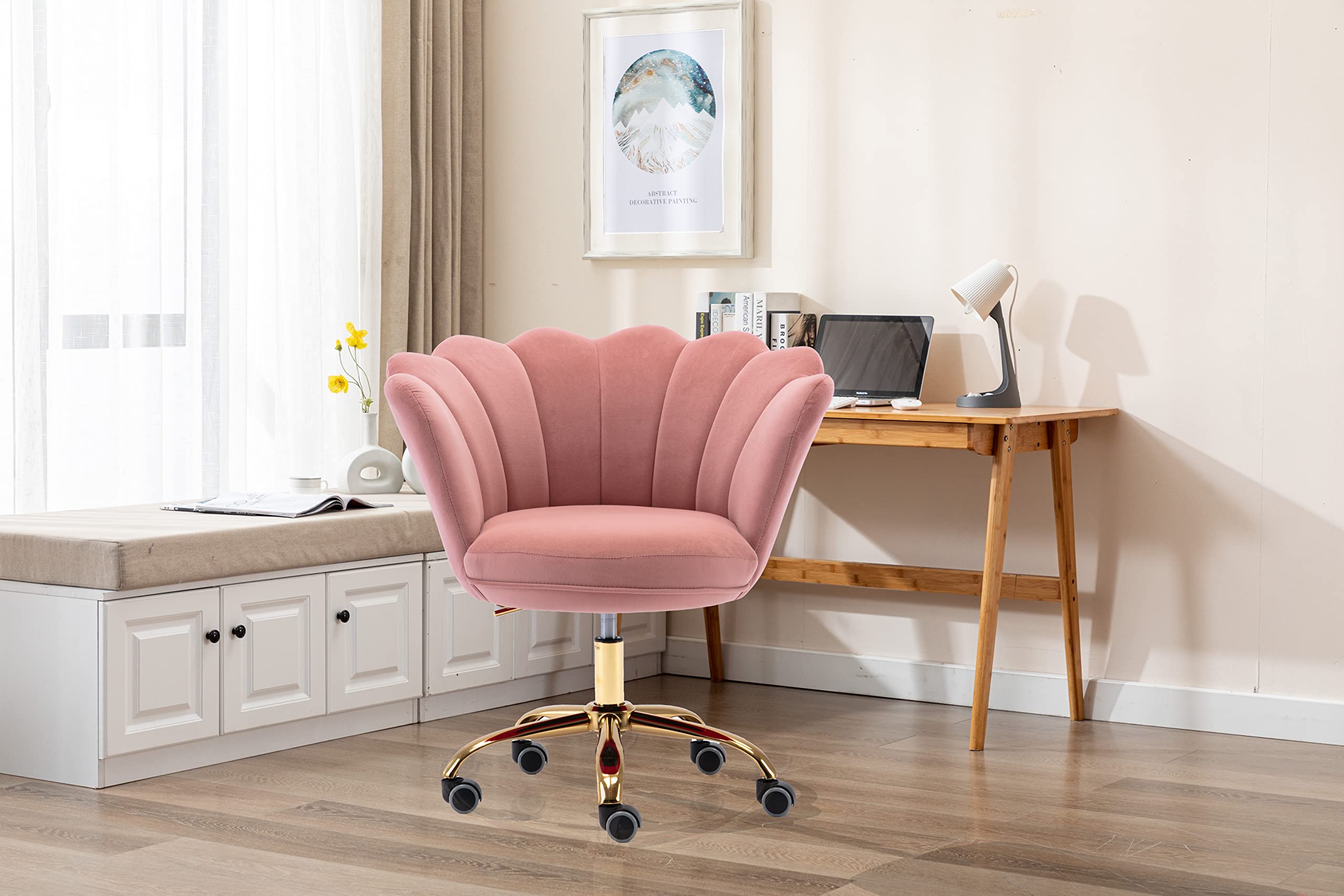 Modern Velvet Home Office Chair with Wheels & Swivel - Adjustable Height Desk Chair for Work, Study, Makeup Vanity - Pink Task Chair for Living Room, Bedroom & Home Office