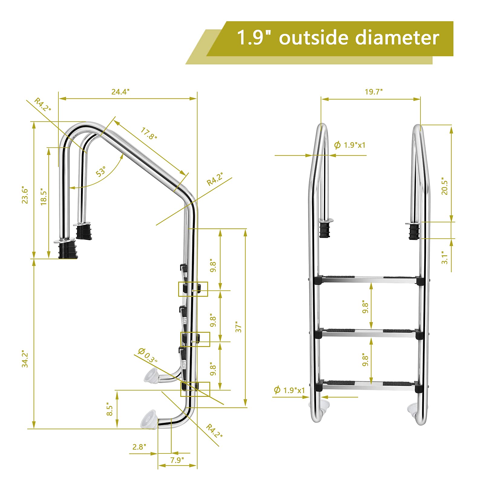 Goplus 3-Step Stainless Steel Swimming Pool Ladder for In-Ground Pools | Heavy Duty Non-Slip Design | Easy Assembly | Indoor & Outdoor Use | Perfect for Backyard, Community, and Resort Pools