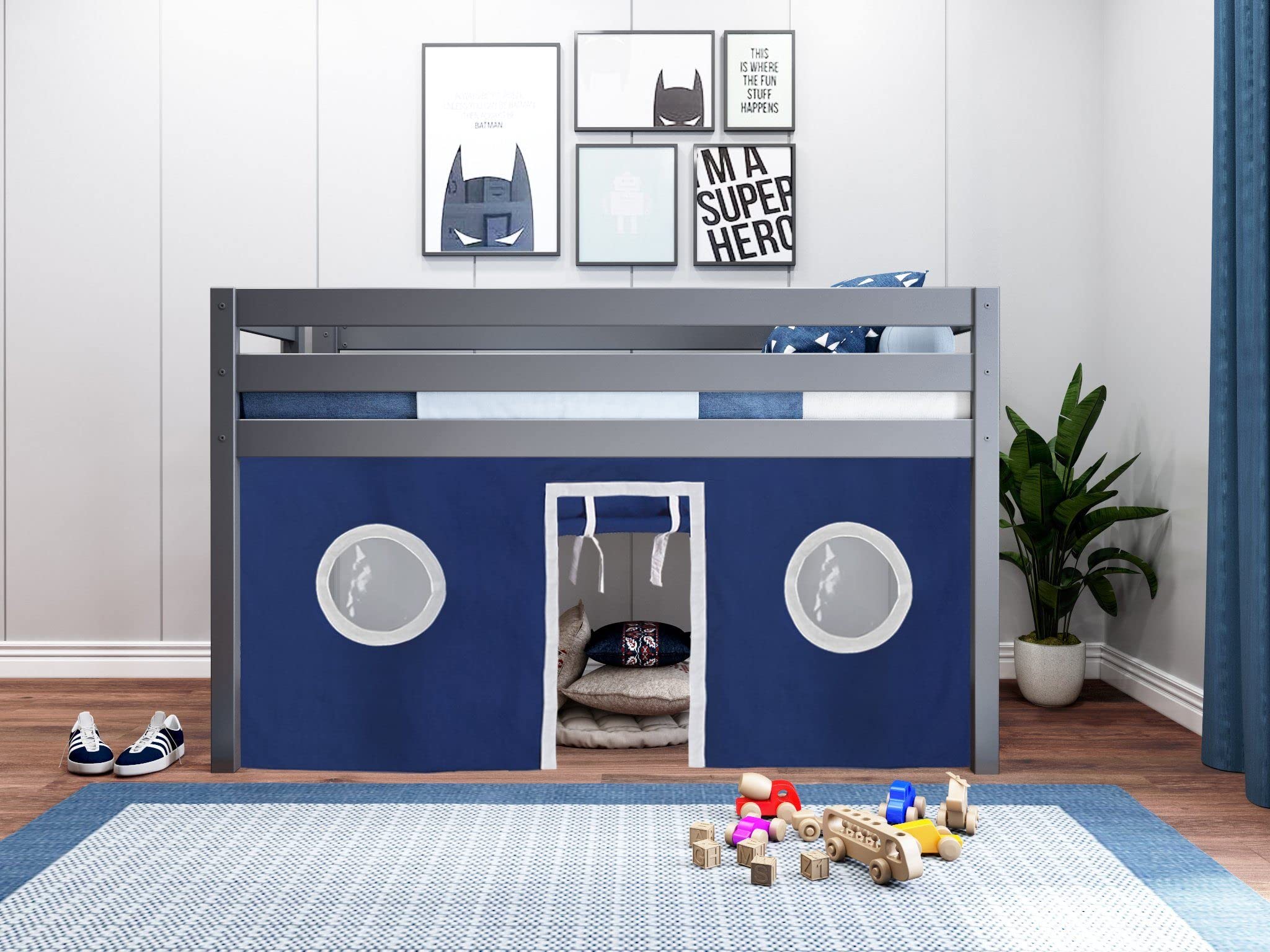 Modern Low Loft Twin Bed with End Ladder - Gray & Blue White Tent Design - Perfect for Kids' Bedroom, Dorm Room or Small Space Decor