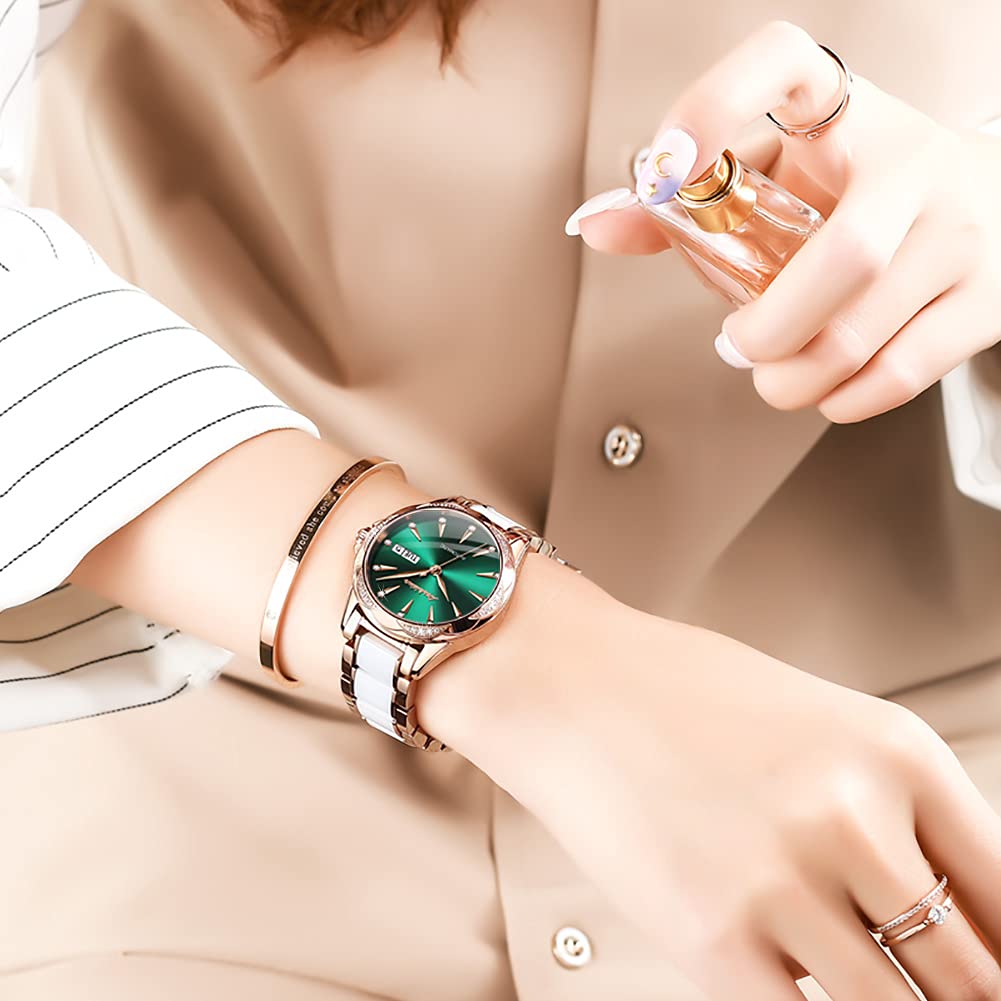 **Elegant Automatic Green Stainless Steel Women's Watch with Ceramic Bracelet – Self-Winding Mechanical Watch with Day/Date Display, Waterproof & Diamond Accents – Perfect for Office, Party & Everyday Wear**