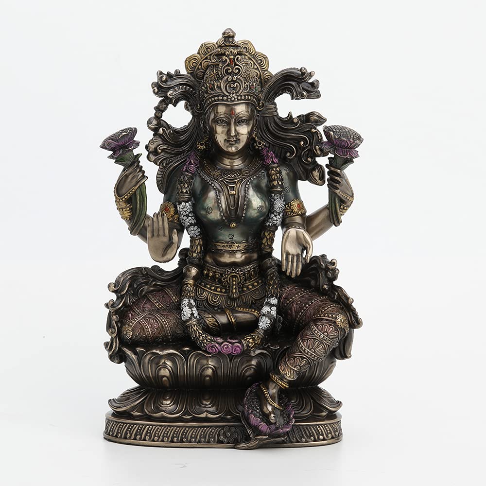 Veronese Design 9.5 Inch Lakshmi Hindu Goddess Statue - Cold Cast Bronzed Resin, Sitting on Lotus, Religious Figurine & Spiritual Collectible - Perfect for Home Altar, Meditation Space, or Cultural Decor
