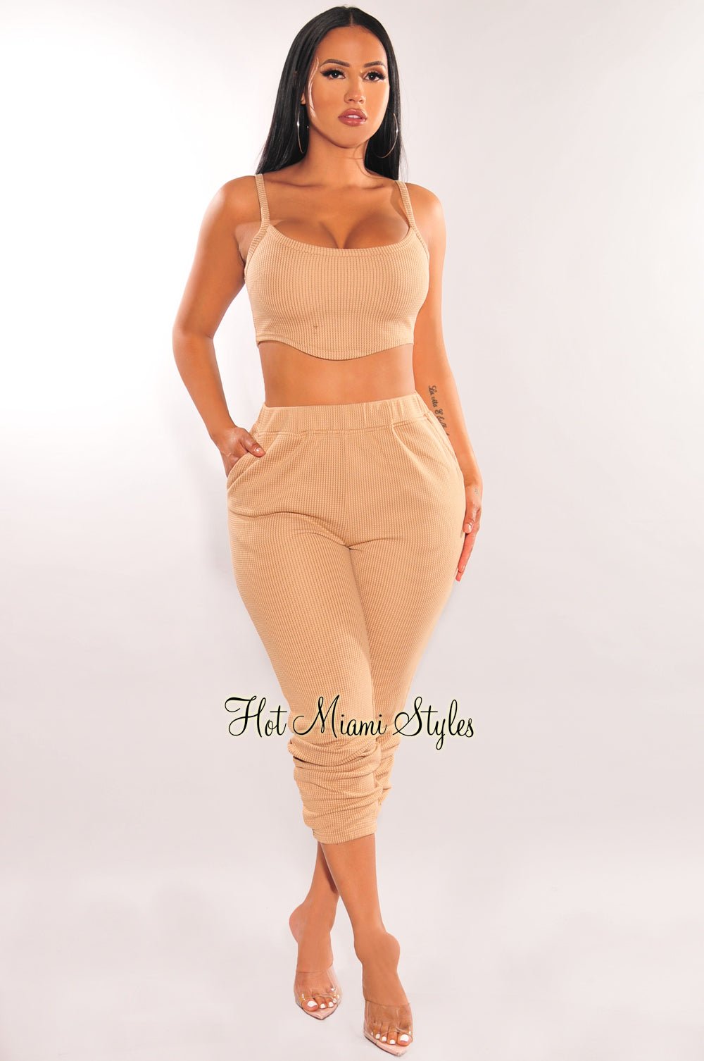 HMS Lounge: Women's Mocha Textured Tank Top & Joggers Pants 2-Piece Set - Soft Loungewear for Yoga, Running & Casual Outfits