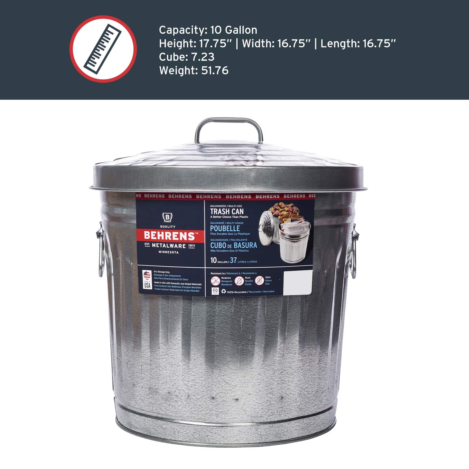 Behrens 6210 10-Gallon Galvanized Steel Trash Can - Heavy Duty Outdoor Garbage Bin for Home, Garage, Office & Commercial Use