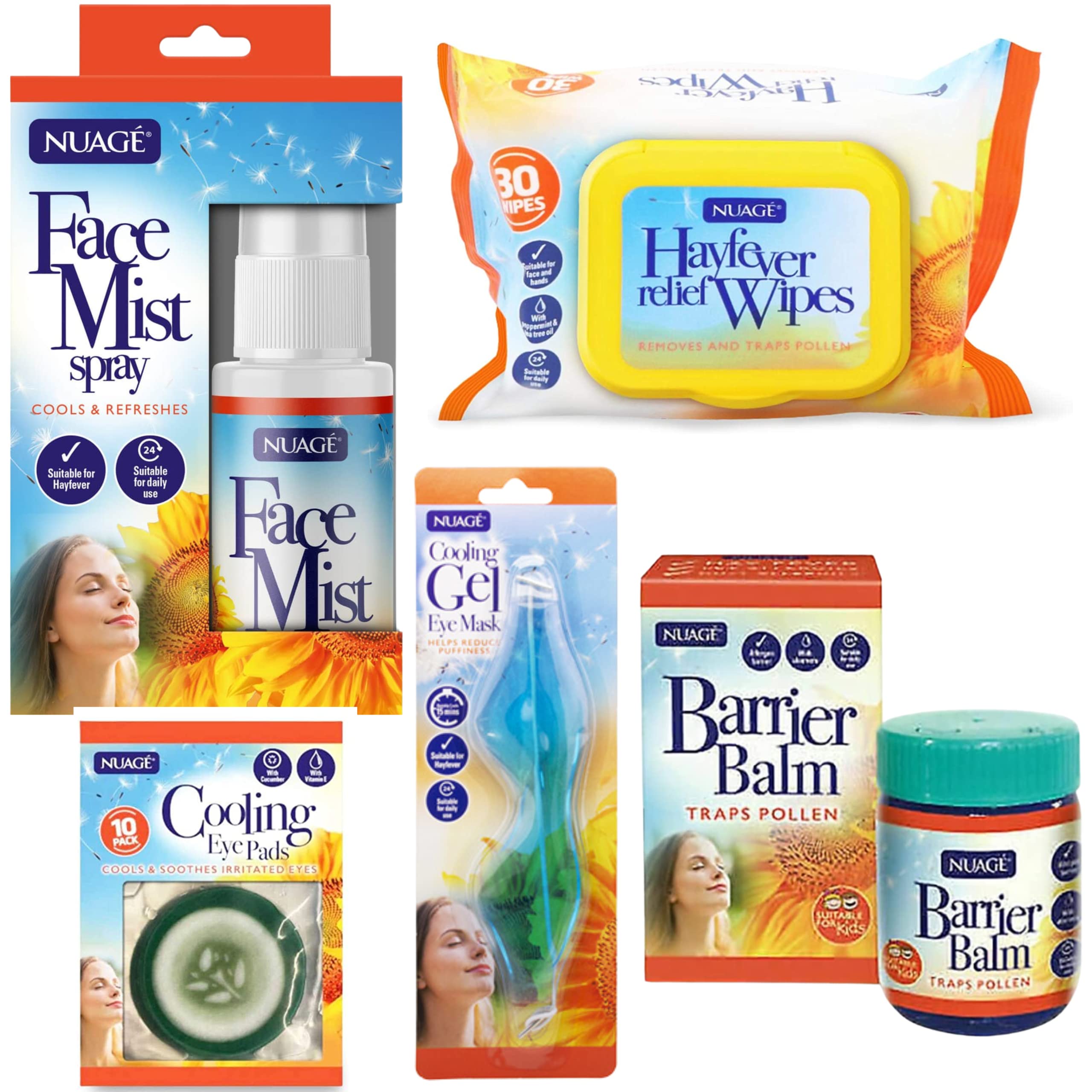Nuage Hayfever Survival Kit - 30 Resealable Allergy Relief Wipes, Soothing Barrier Balm, Hydrating Face Mist, Cooling Gel Eye Mask & Eye Pads | Natural Allergy Remedy for Adults & Kids | Perfect for Outdoor Activities, Travel & Daily Use