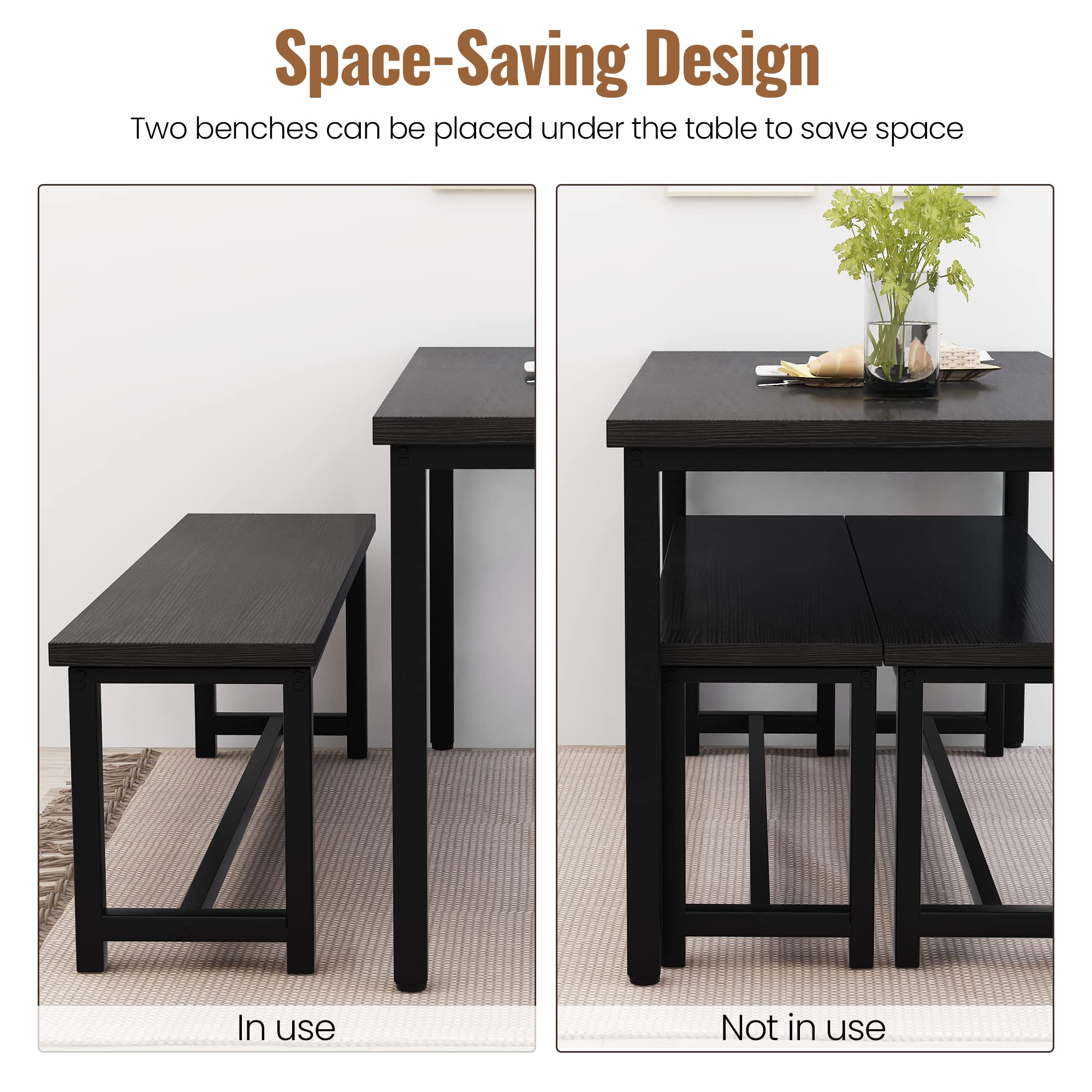 **Recaceik 3-Piece Farmhouse Dining Table Set for 4 with 2 Benches - Industrial Kitchen Table Set for Small Spaces, Apartments, Breakfast Nook - Perfect for Family Meals & Entertaining (Black)**