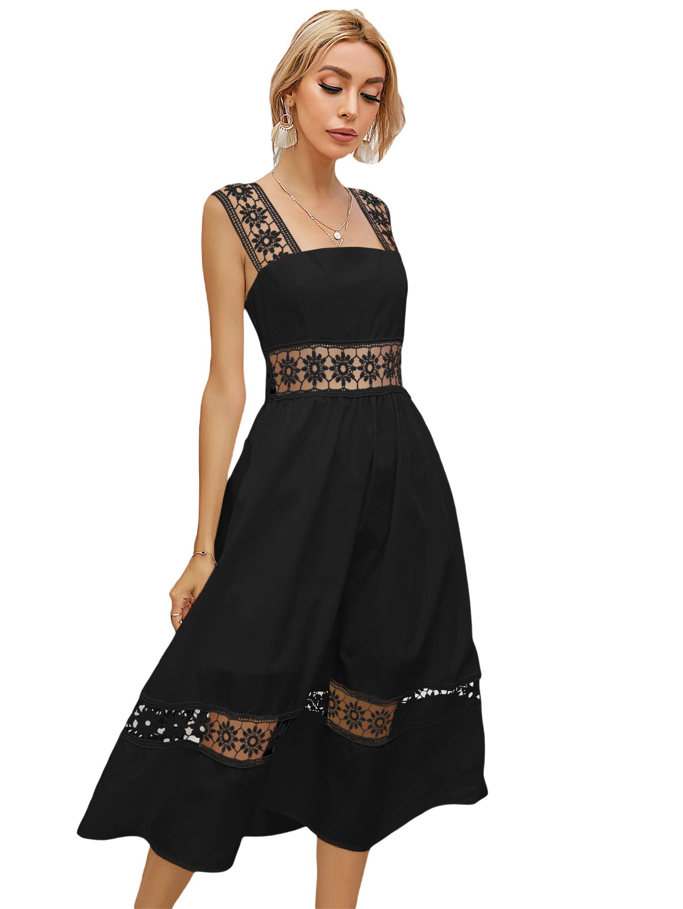 Floerns Women's Solid Eyelet Embroidery Sleeveless A-Line Midi Summer Dress - Perfect for Beach Vacations, Garden Parties & Casual Outings