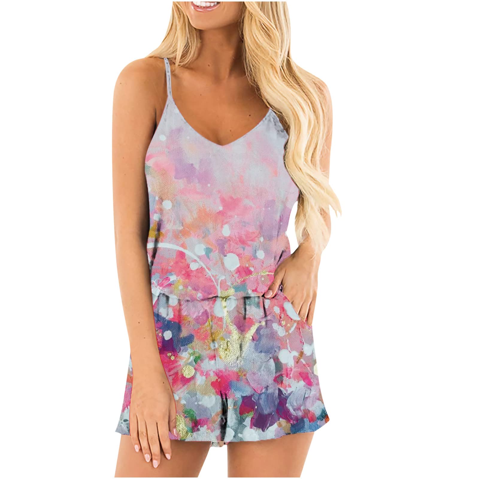 Women's Floral Print Sleeveless Jumpsuit - Loose Fit Spaghetti Strap Romper with Pockets | Summer Beach Wear, Casual Outfits & Vacation Essentials