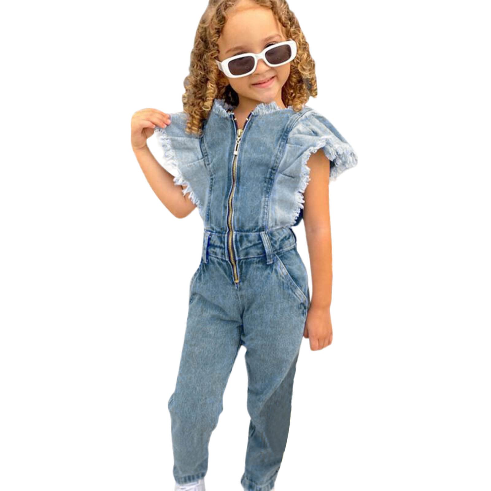 Girls' Denim Jumpsuit with Flying Sleeves - Summer Toddler Romper in Solid Blue | Zipper Front Outwear for 3-4 Years | Perfect for Playdates, Park Outings & Casual Wear