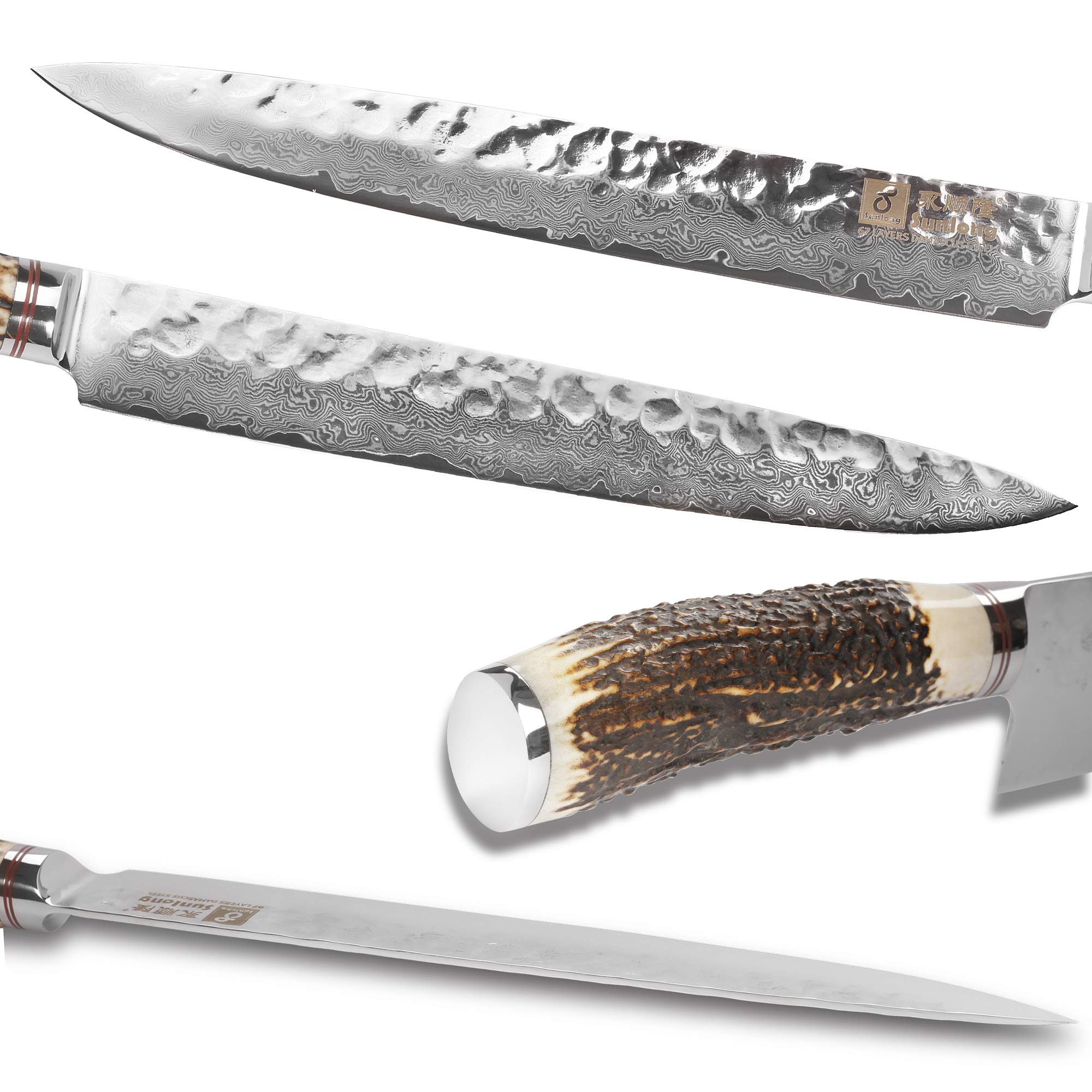 Premium 10 Inch Japanese Sashimi Knife - Ultra Sharp Damascus Steel Slicing & Carving Knife with Natural Antler Handle - Perfect for Sushi Making, Fish Filleting & Meat Cutting