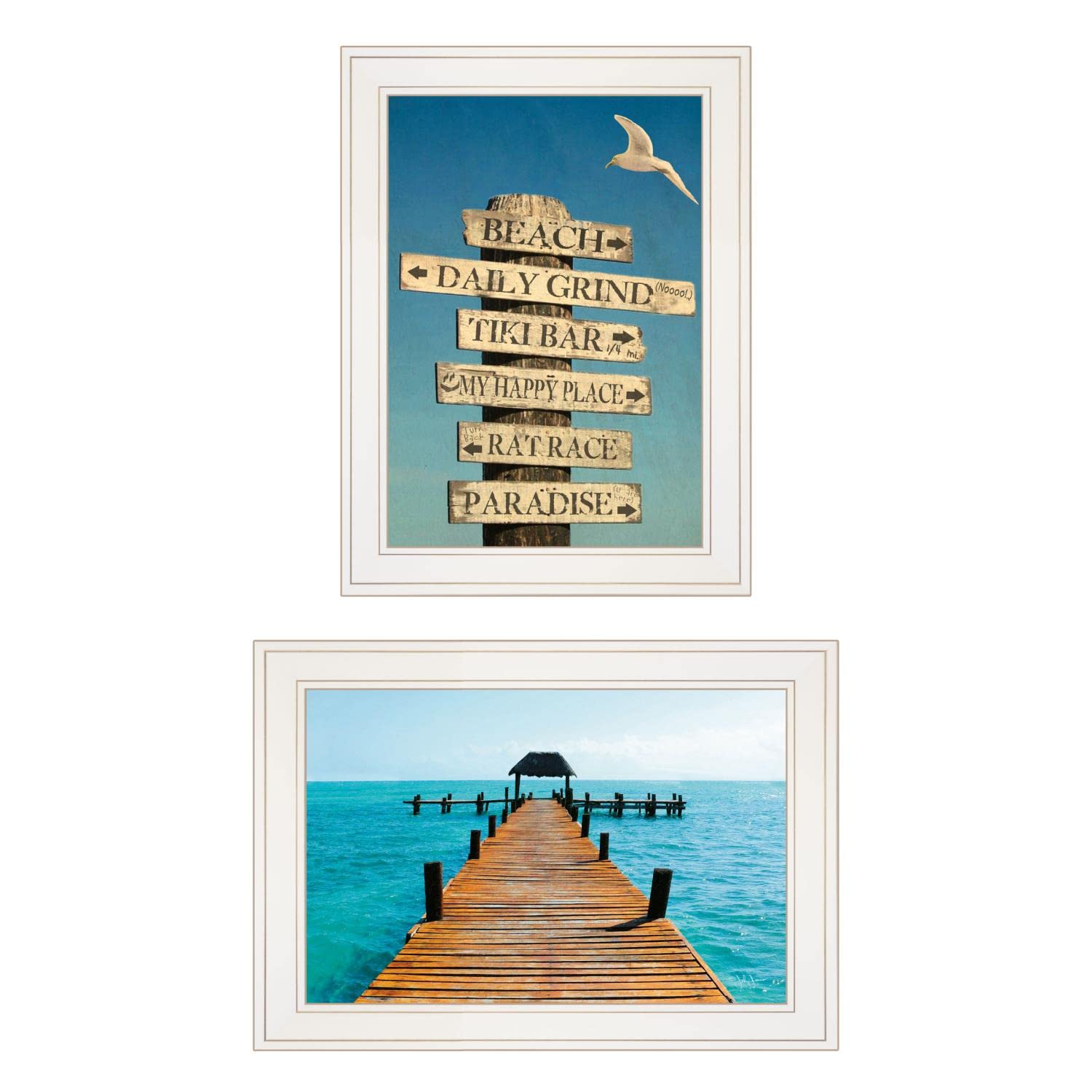 Beach Nautical 2-Piece Wall Art Set by Graffitee Studios - White Framed Coastal Decor for Living Room, Bedroom & Beach House