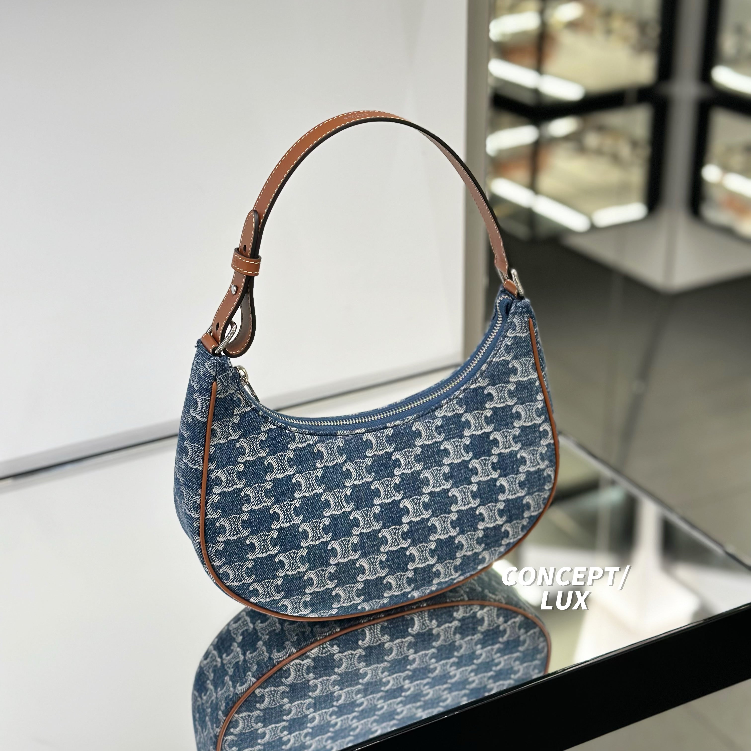 CELINE AVA Bag in Denim with Triomphe Pattern & Calfskin Leather - Silver | Stylish Crossbody Purse for Women, Perfect for Casual Outings & Date Nights