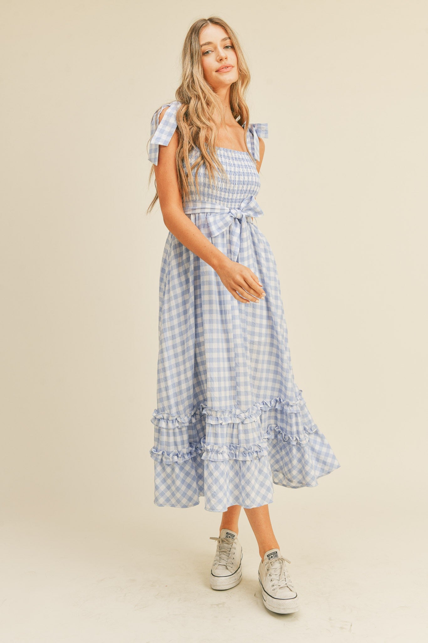 Baby Blue Smocked Bodice Ruffled Hem Midi Dress for Girls - Elegant Party & Special Occasion Outfit - Perfect for Weddings, Birthday Parties & Photo Shoots