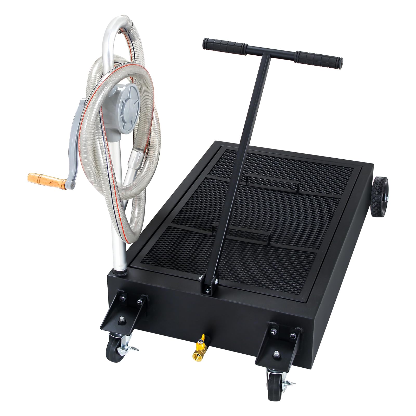 20 Gallon Low Profile Oil Drain Pan with Hand Pump, Hose & Swivel Casters - Heavy Duty Oil Change Tank for Cars, SUVs & Trucks - Foldable Handle for Easy Storage - Perfect for DIY Garage Maintenance & Professional Auto Repair Shops (Black)
