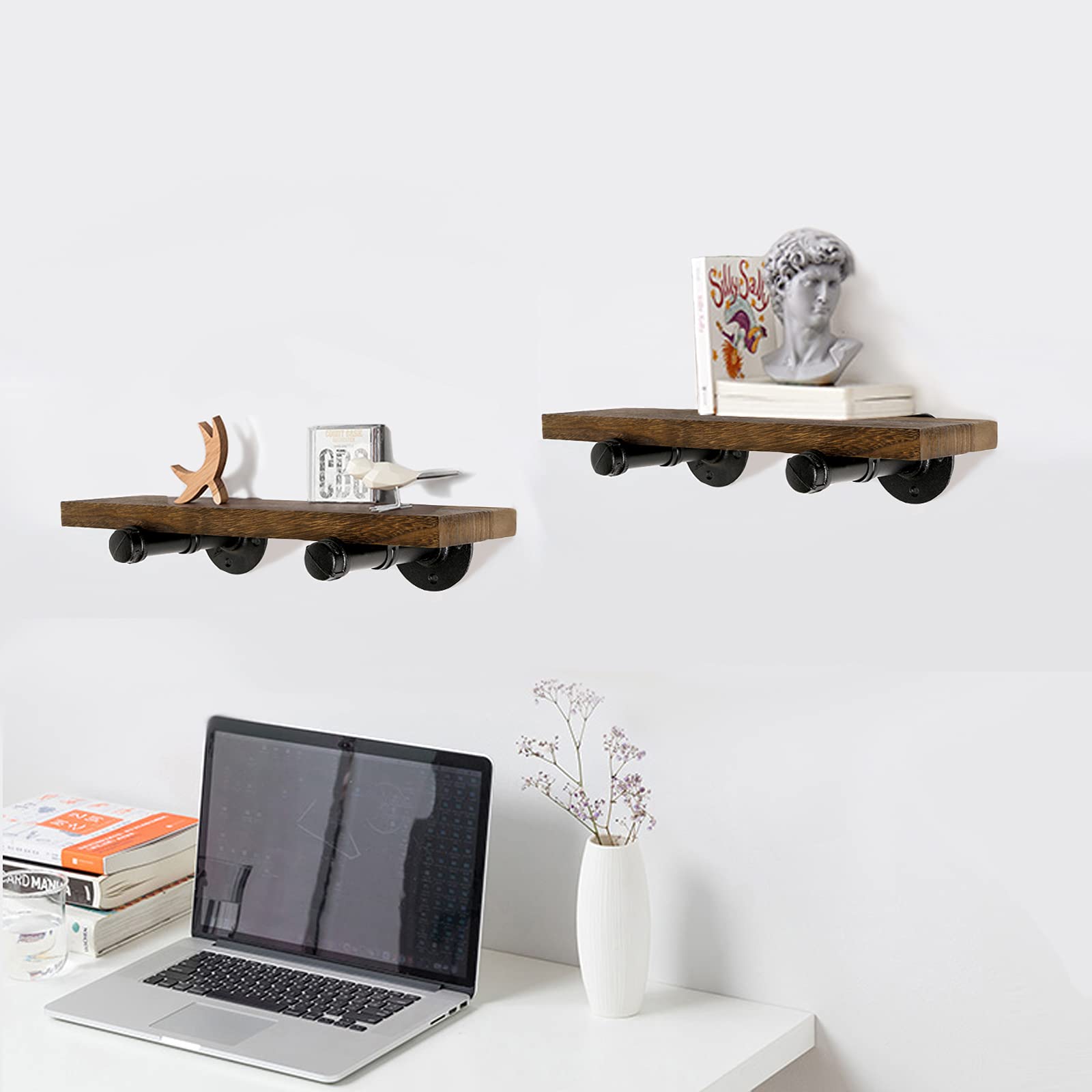 Industrial Pipe Floating Shelves Set of 4 - Rustic Brown Wall Mounted Wood Storage Shelves for Bedroom, Living Room, Bathroom, Kitchen & Office - Perfect for Displaying Books, Decor & Organizing Small Items