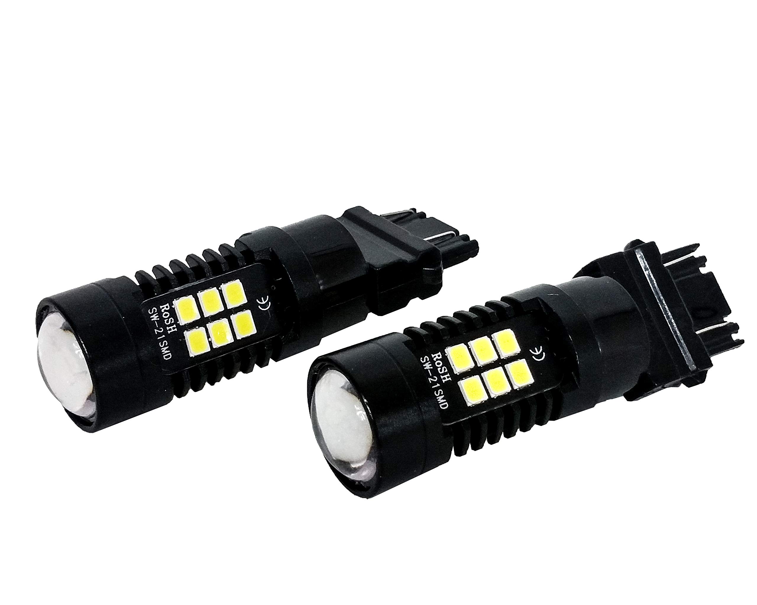 2-Pack White LED 3157 3156 3057 3056 Bulbs - 3-Sided Dual Intensity 21SMD Projector Lens for Running Tail, Brake, Turn Signal & Reverse Lights (12V-24V) - Perfect for Cars, Trucks, SUVs & Motorcycles
