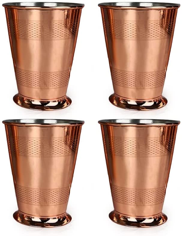 Vintage Inspired Copper & Brass Cocktail Tumblers Set of 4 - Art Deco Barware with Engine Turn Pattern - Perfect for Home Bars, Parties & Vintage Decor