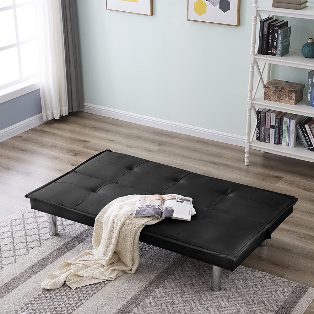 Faux Leather Futon Sofa Bed - Convertible Armless Couch with Sturdy Metal Legs | Space-Saving Sleeper for Small Apartments, Dorm Rooms & Studio Living | Perfect for Guest Bed, Lounge Seating & Compact Spaces (Black)