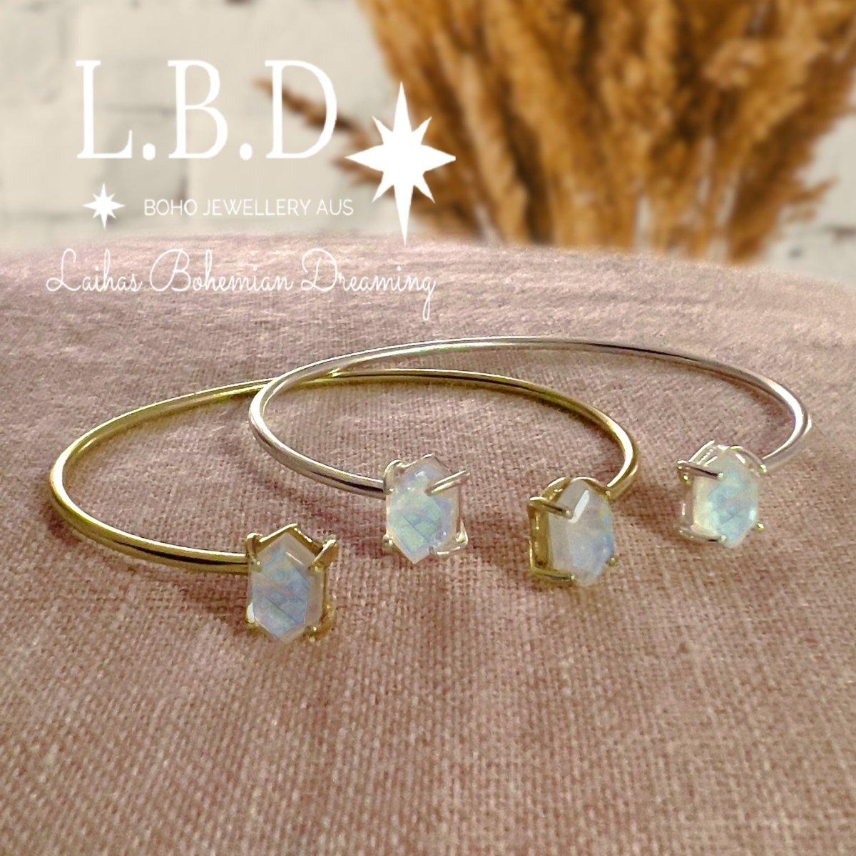 Hexagon Gold Moonstone Cuff Bangle - Elegant Boho Jewelry for Women, Handmade Statement Bracelet for Everyday Wear & Special Occasions