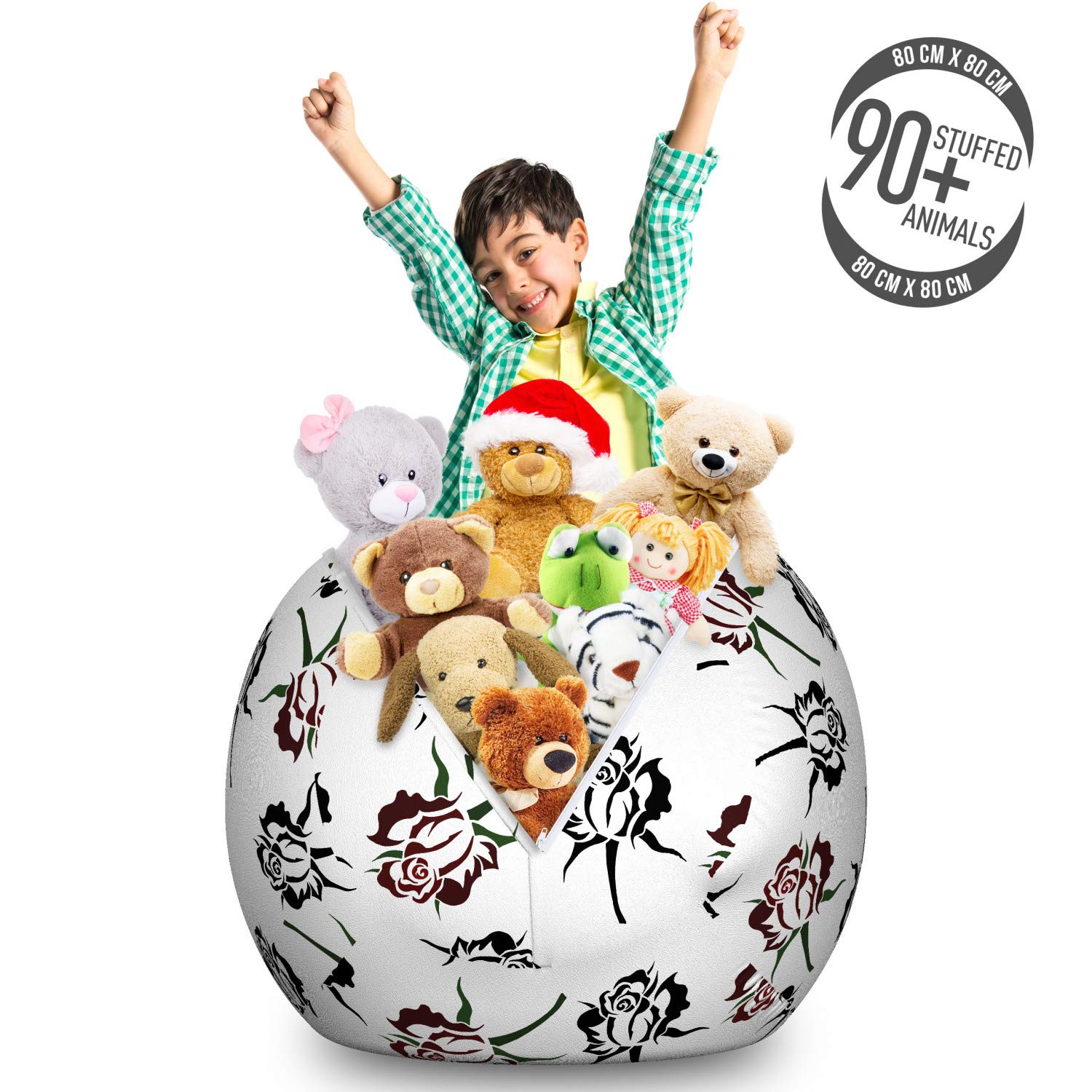 Ambesonne Large Washable Storage Toy Bag Chair with Romantic Roses Pattern - Fuchsia Dark Green Stuffed Animal Organizer for Kids' Room, Nursery, or Playroom Organization
