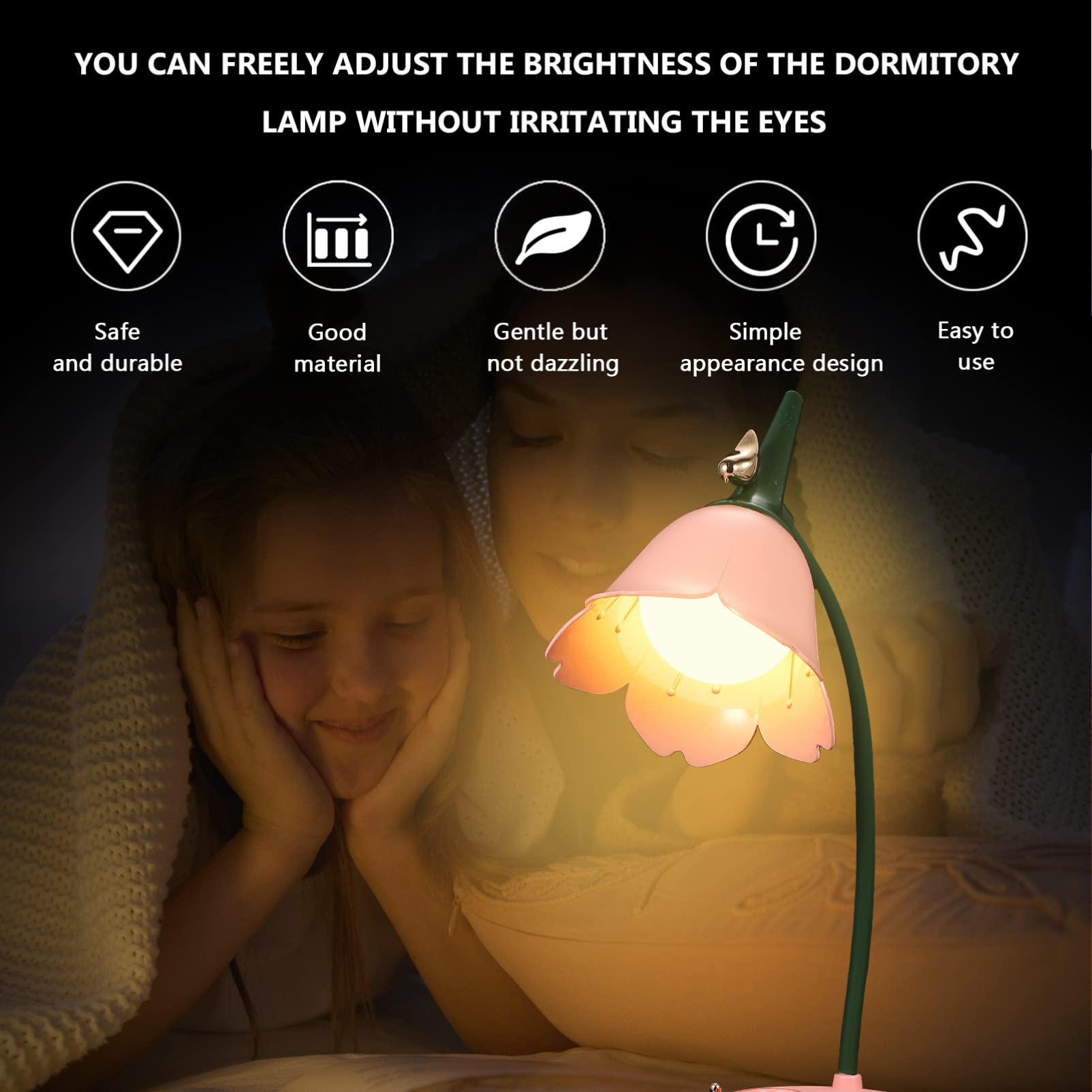 Uonlytech Pink Flower LED Desk Lamp - Flexible Gooseneck Eye-Caring Reading Light with USB Rechargeable & Stepless Dimming - Perfect for Dorm, Office, Study Room & Nightstand