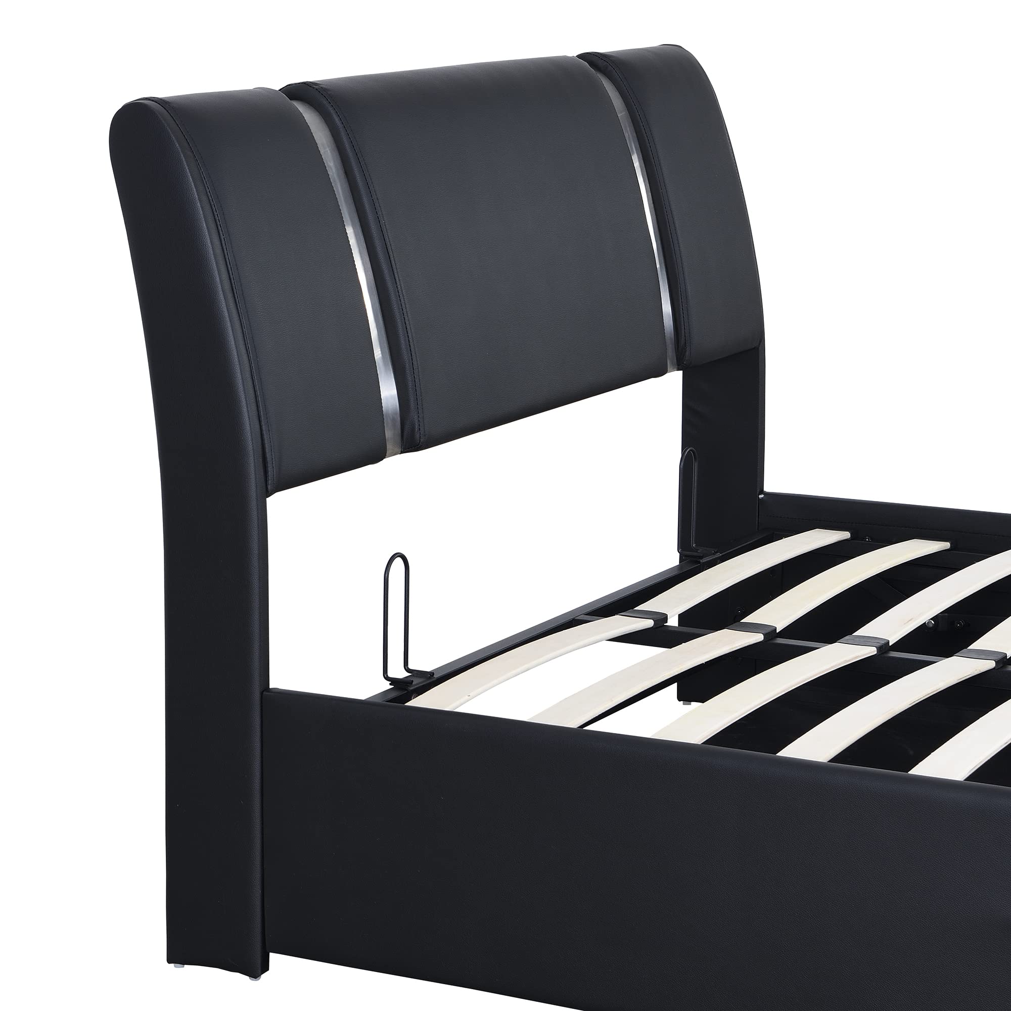 P PURLOVE Full Upholstered Faux Leather Platform Bed with Hydraulic Storage - Queen Size Bed Frame with Headboard & Wooden Slats, No Box Spring Needed (Black) - Perfect for Modern Bedrooms & Small Space Storage Solutions