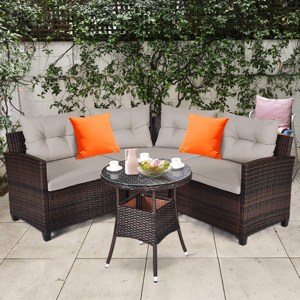HappyGrill 4-Piece Curved Outdoor Sofa Set - Rattan Wicker Patio Furniture with Coffee Table & Cushions - Modern Conversation Set for Garden, Poolside, Balcony | Perfect for Backyard Relaxation & Outdoor Entertaining