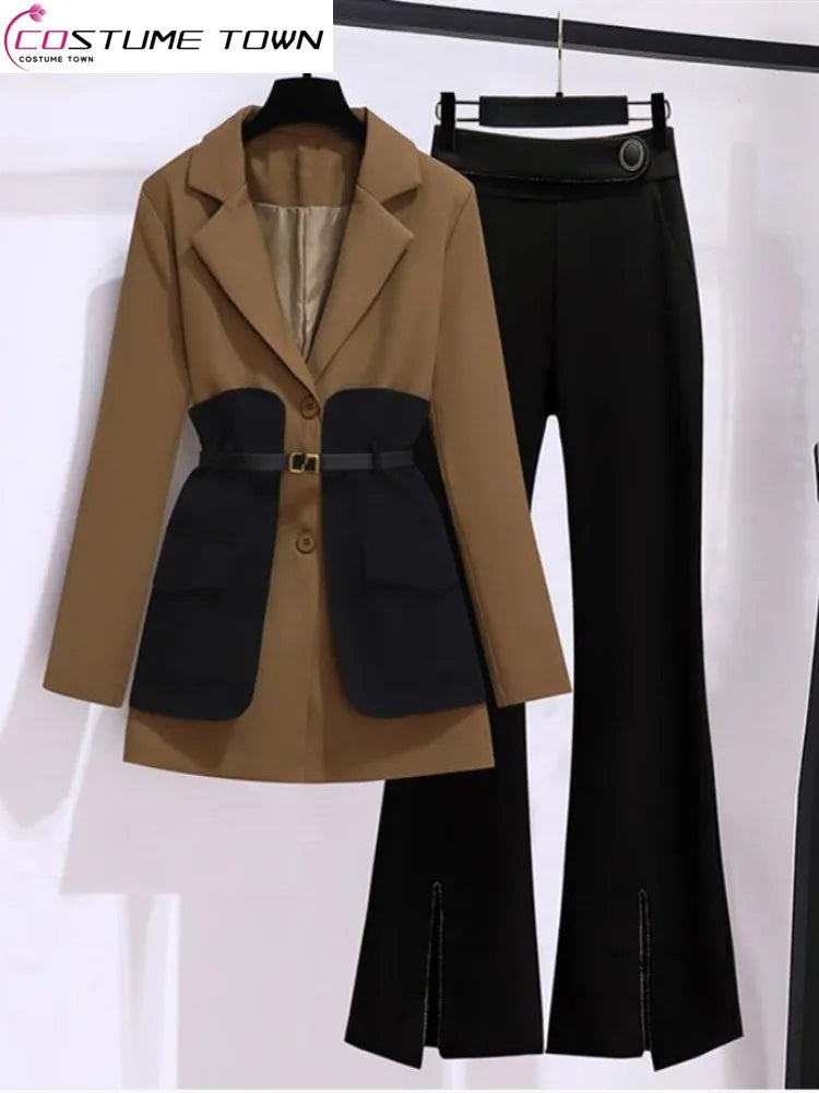 2023 Women's Spring Patchwork Belted Jacket & Pants Suit - Elegant Office Blazer Set for Business Casual Outfits | Professional Workwear & Stylish Business Attire