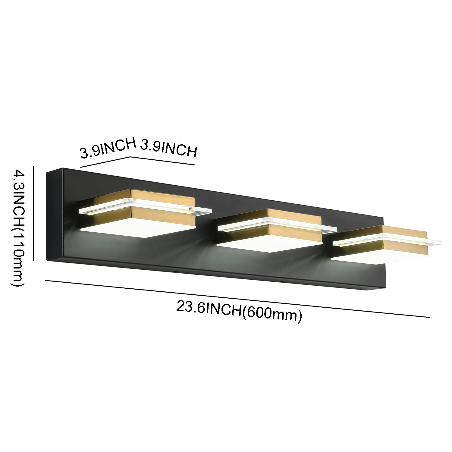 Dimmable LED Bathroom Vanity Light Fixtures - 3 Lights Wall Sconce with Matte Black Finish & Gold Metal Lampshade, Adjustable White Light 3000K-6000K (3 Color Temperatures) - Perfect for Bathroom, Bedroom, and Hallway Lighting