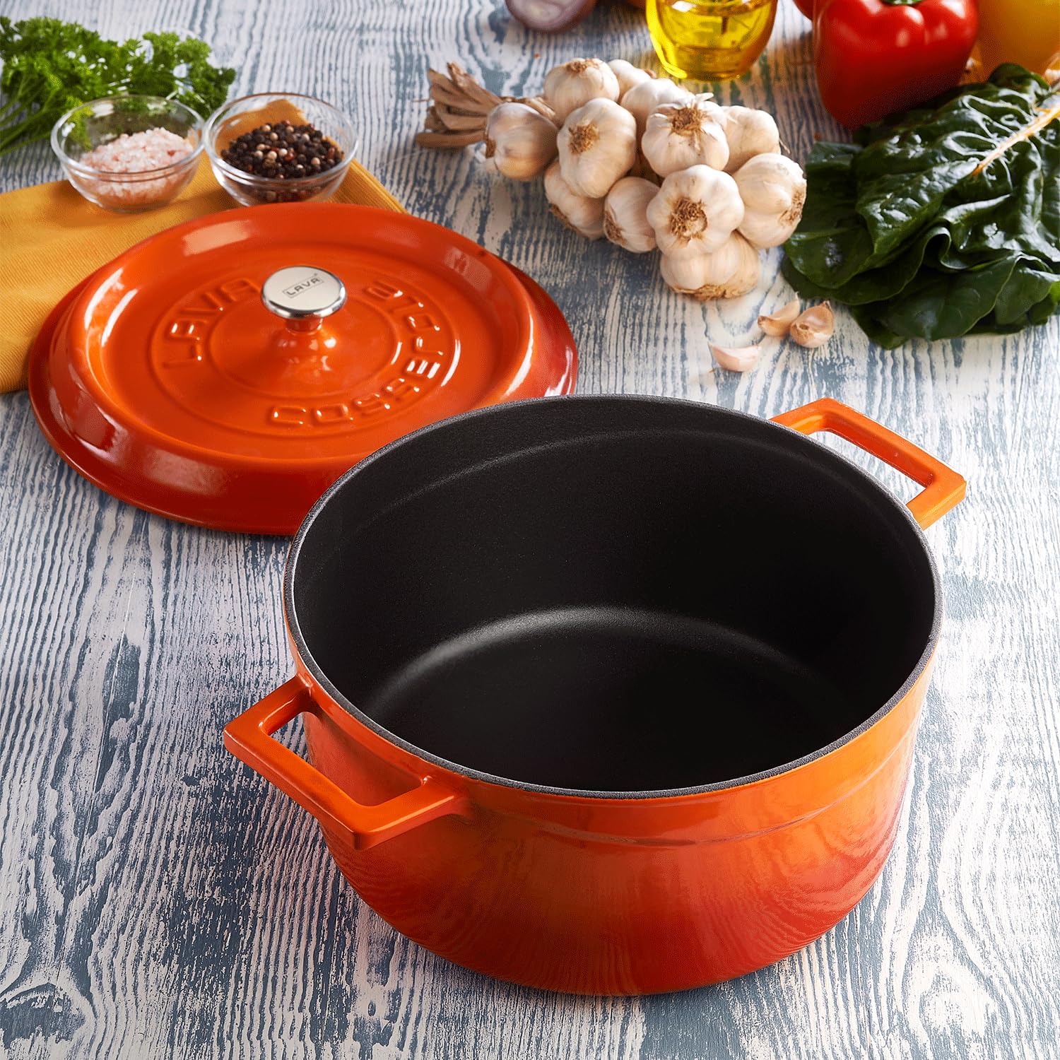 Lava Signature Enameled Cast Iron Round Dutch Oven 7 Quart - Orange Spice Color, Heavy Duty Cookware for Baking, Roasting & Slow Cooking - Perfect for Soups, Stews, Bread & Casseroles