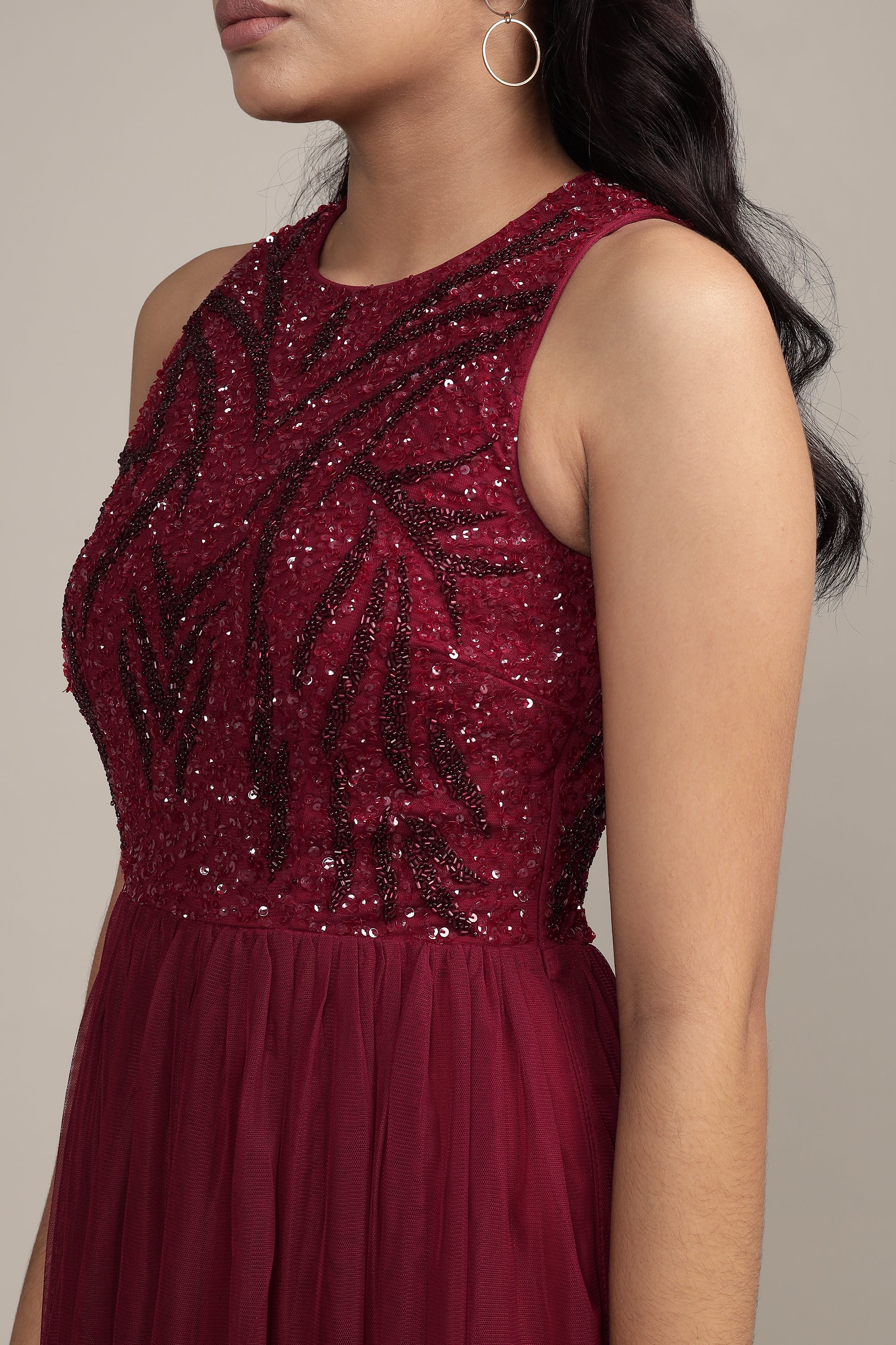 Linda Embellished Maxi Dress in Burgundy - Elegant Long Formal Evening Gown for Women | Perfect for Weddings, Parties & Special Occasions
