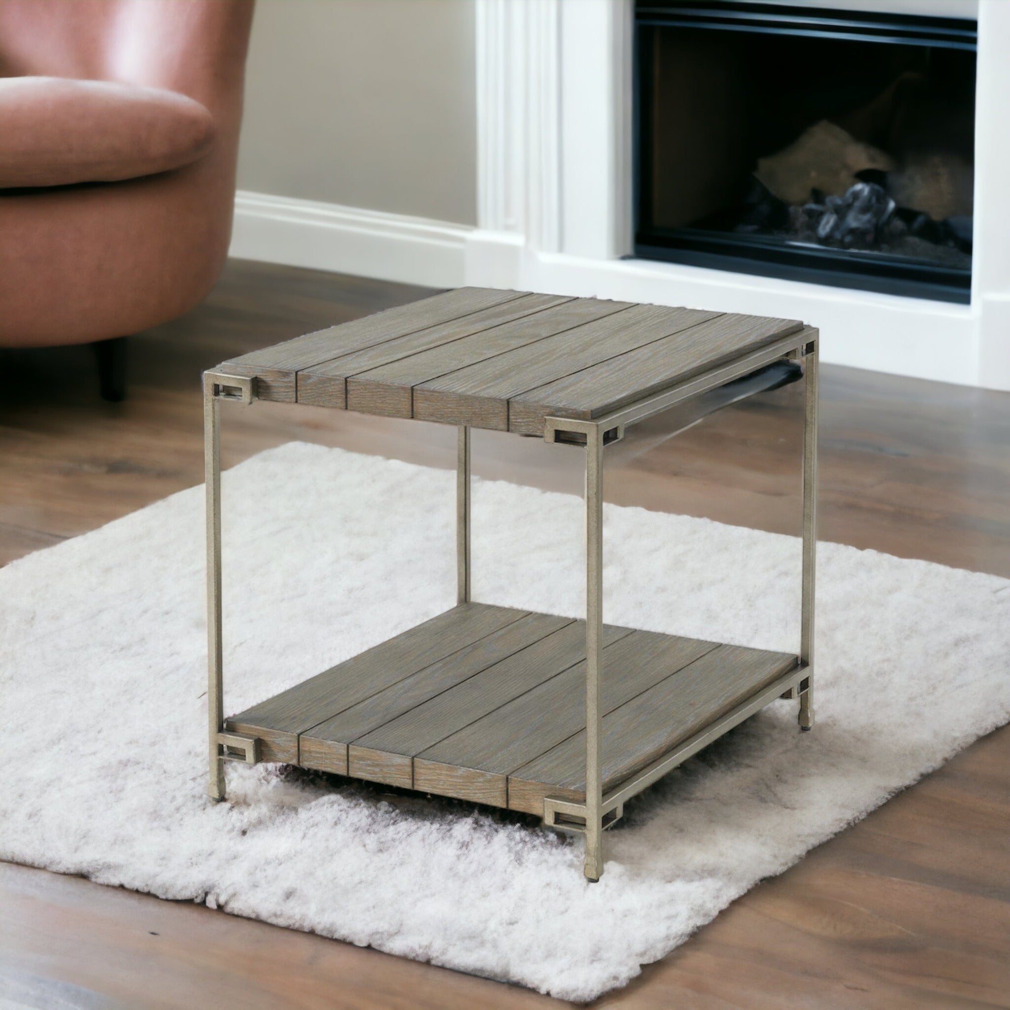 Roundhill Furniture Corbeta Metal Frame Wood End Table with Shelf - Aged Graphite Finish - Living Room Side Table, Nightstand, Bedroom Accent Table for Home Decor
