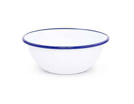 Vintage Style Enamelware Cereal or Salad Bowl with Blue Rim - Perfect for Breakfast, Picnics & Farmhouse Kitchen Decor