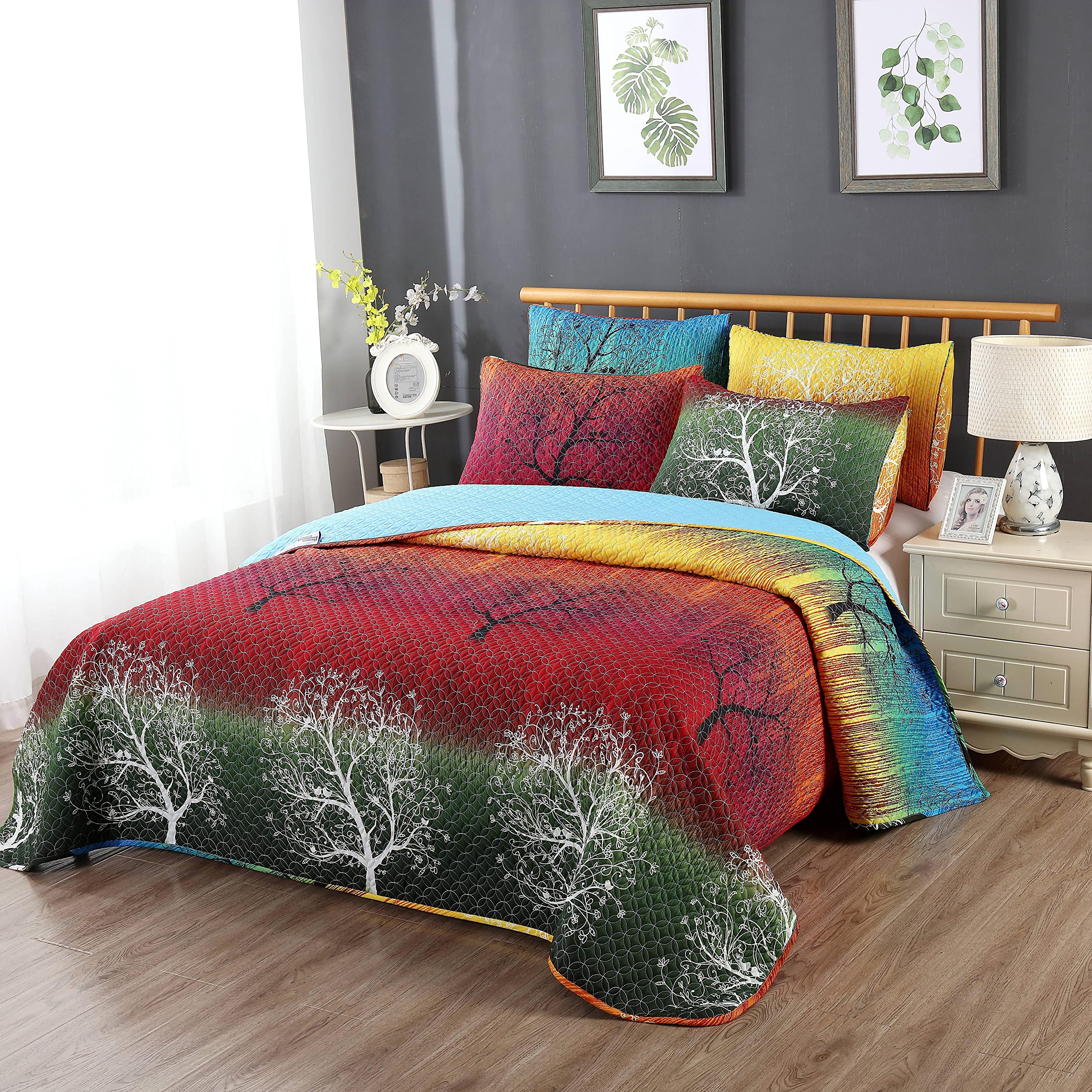 Swanson Rainbow Tree Bedspread Coverlet Quilt Set with Pillow Shams - King Size Luxury Bedding for Master Bedroom & Guest Room Decor