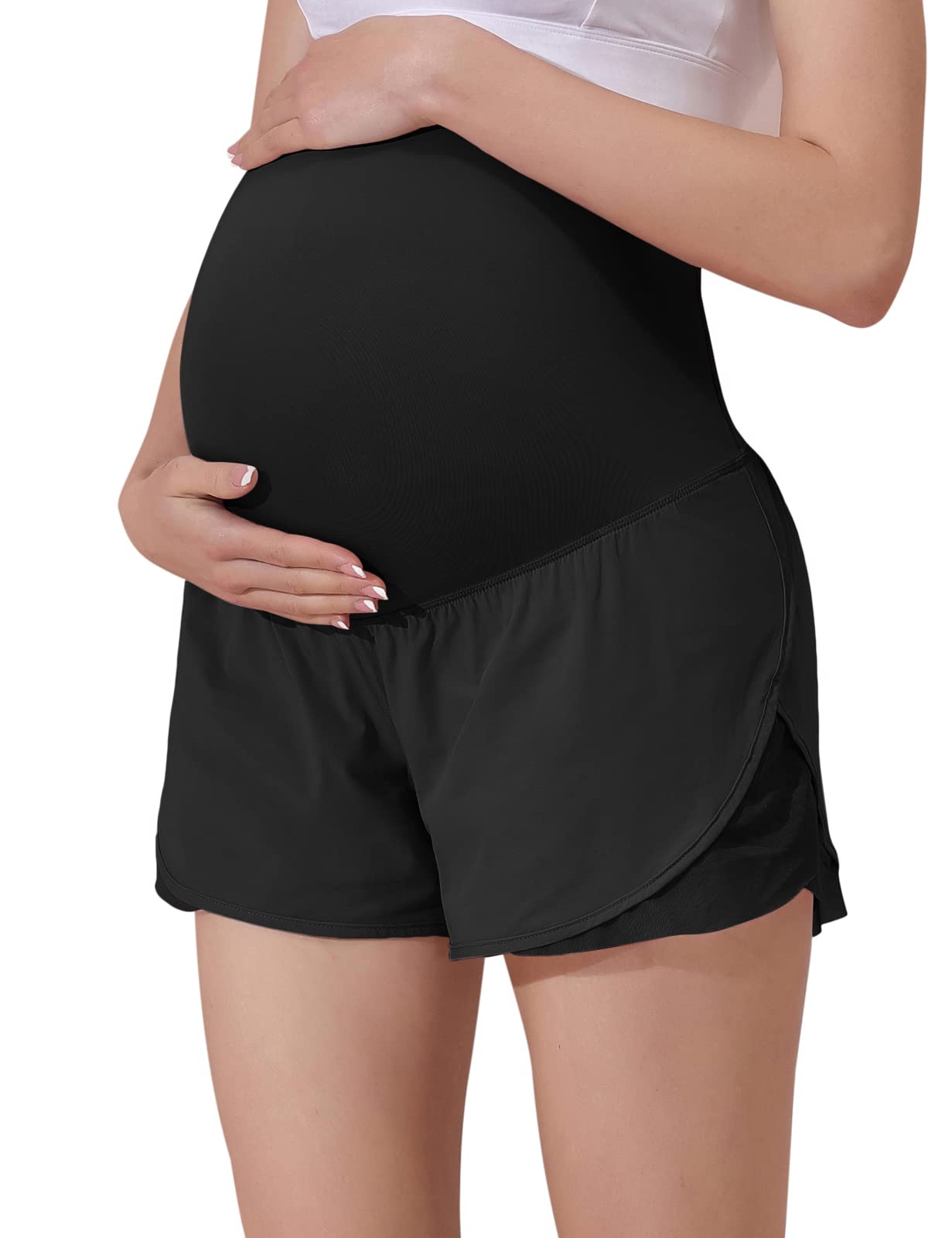Maacie Women's Maternity Yoga Shorts - Breathable Fast Drying Layered Workout Shorts with Inner Liner & Pocket - Perfect for Pregnancy Exercise, Gym & Lounge Wear