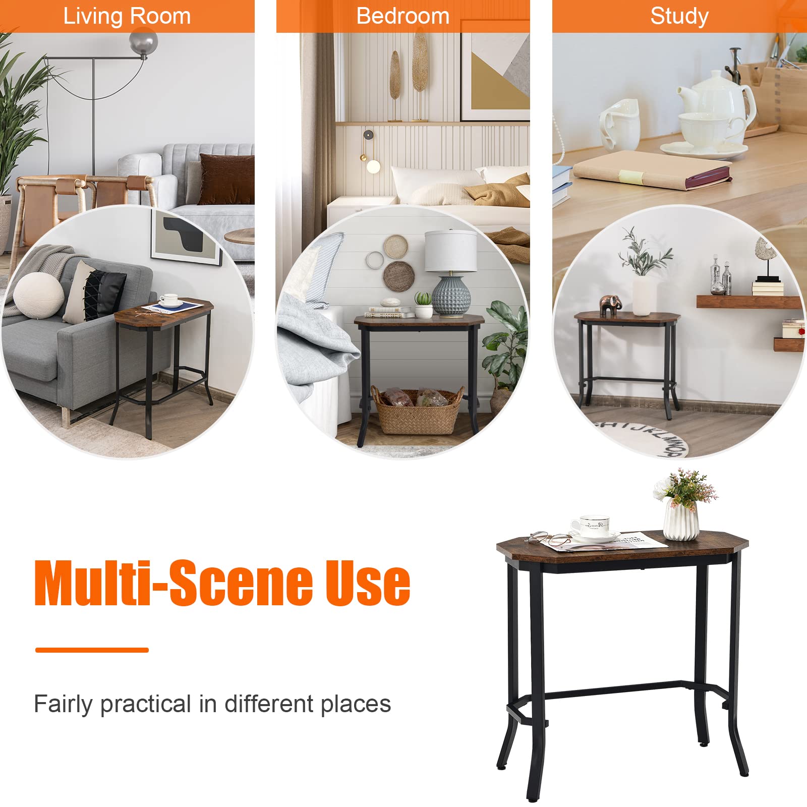 Tangkula Narrow Sofa Side Table - Slim Industrial End Table with Sturdy Metal Frame & Adjustable Foot Pads, Rustic Brown Nightstand for Bedroom, Living Room, Balcony & Entryway - Perfect for Small Spaces, Coffee Table Alternative & Modern Home Decor