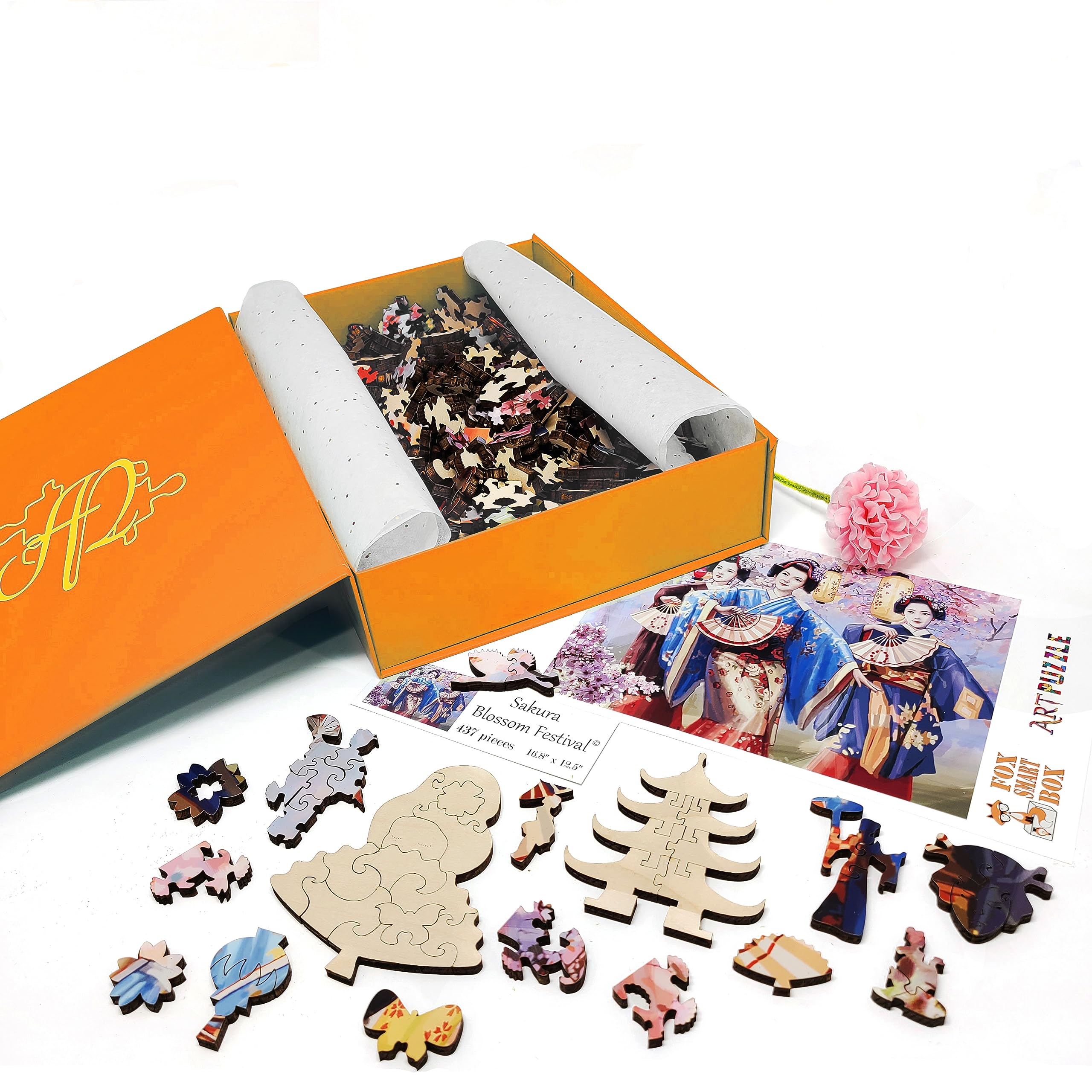 Premium 437-Piece Wooden Jigsaw Puzzle for Adults - Unique Shaped Pieces - Sakura Blossom Festival Design - Handcrafted in USA by FoxSmartBox - Perfect for Stress Relief, Family Game Night & Home Decor