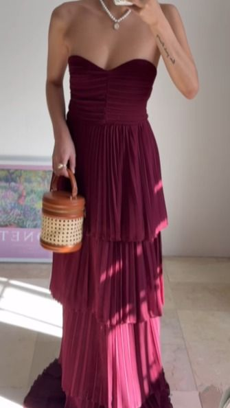 Elegant Burgundy Strapless Chiffon Pleated Tiered Long Evening Dress for Prom, Wedding & Formal Events - Style J6734