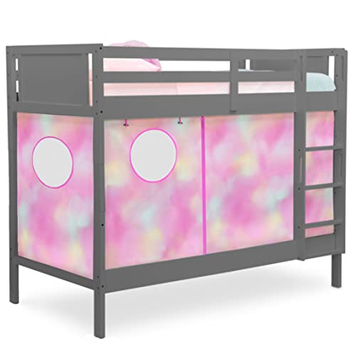 Delta Children Twin Over Twin Wood Bunk Bed with Ladder & Guardrails + Loft Bed Tent Set - Convertible, Safe & Space-Saving Kids Furniture for Small Bedrooms, Charcoal/Tie Dye - Perfect for Sleepovers, Playtime & Adventure Themed Rooms