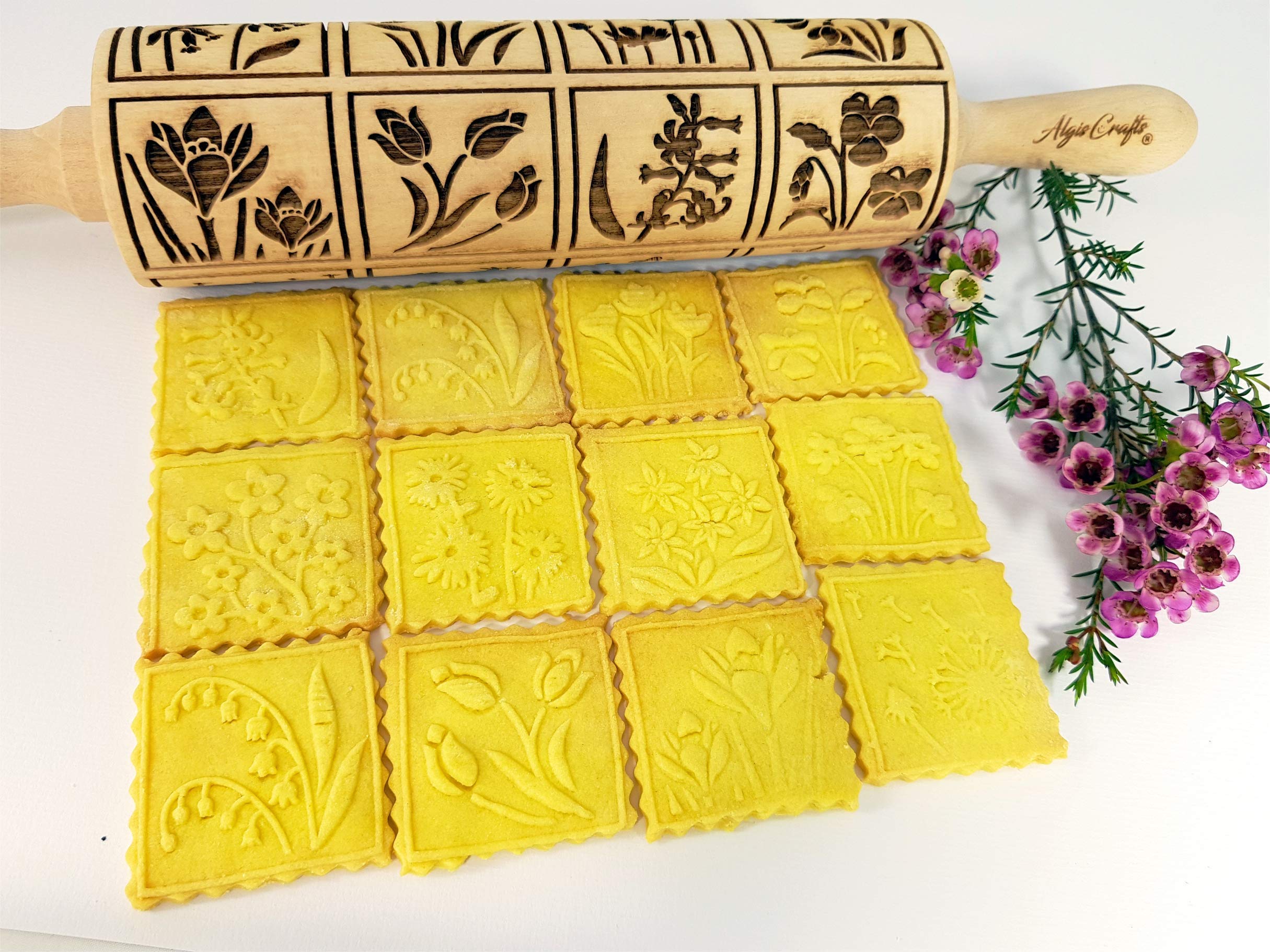 Algis Crafts Spring Flowers Embossing Rolling Pin - 16 Unique Floral Designs for Dough & Clay - Perfect for Embossed Cookies, Pottery & Ceramic Stamping - Ideal Baking Gift for Women - Great for DIY Crafts, Home Baking & Creative Ceramic Projects