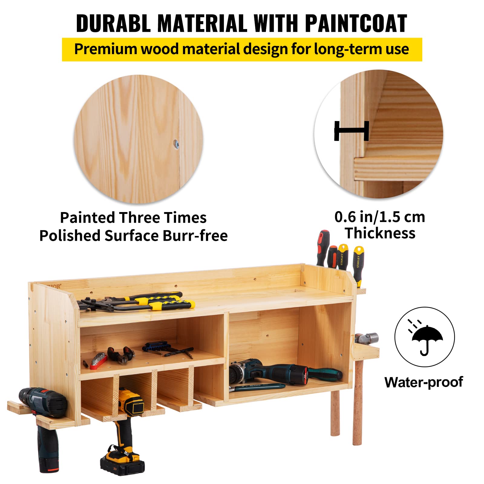 VEVOR Wall Mount Power Tool Organizer with 4 Drill Hanging Slots & 3 Shelves - Wooden Charging Station for Cordless Drills, Impact Wrench, Screwdrivers & Saws - Perfect for Garage, Workshop & DIY Projects