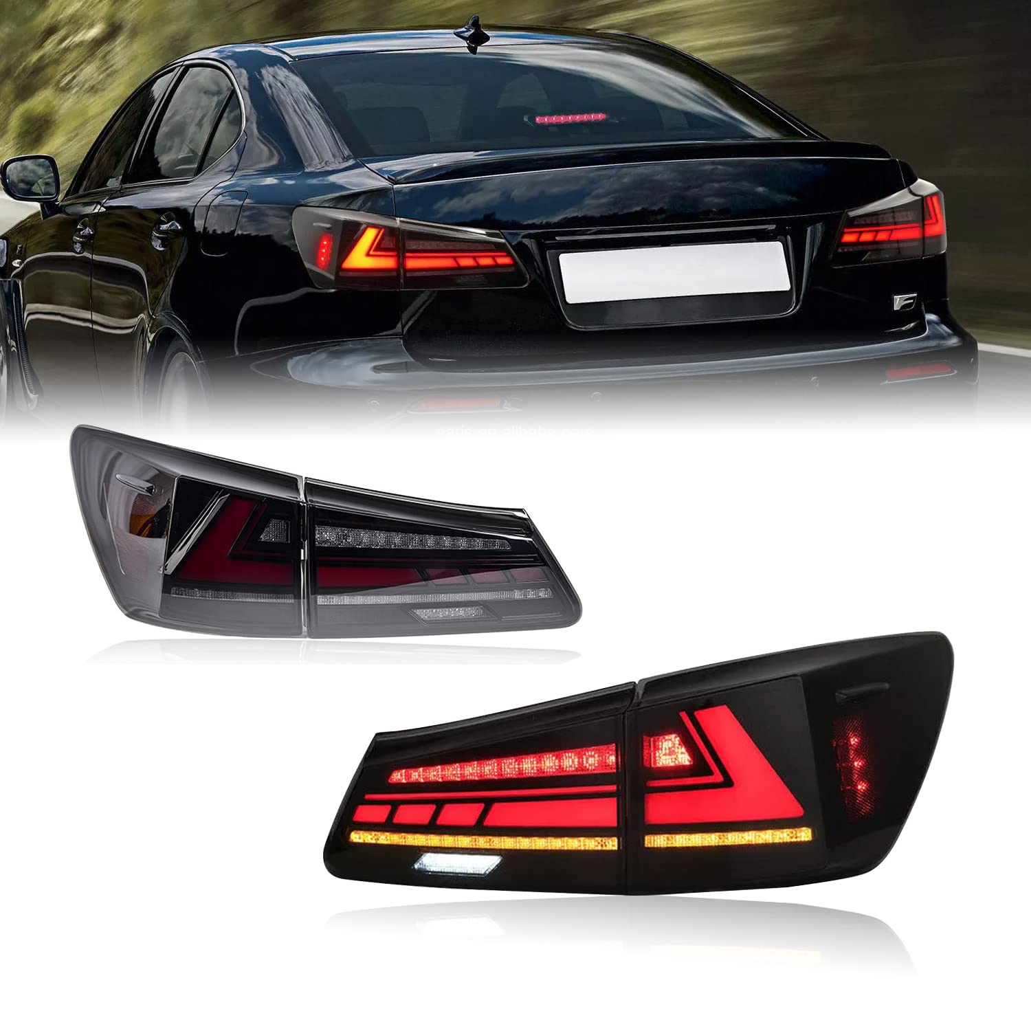 HCMOTIONZ LED Tail Lights Assembly for 2006-2013 Lexus IS250 IS350 ISF Sedan - Plug-and-Play Taillamp with Startup Animation, DRL & Reverse Lights - Direct Replacement for OEM - Perfect for Night Driving & Car Customization